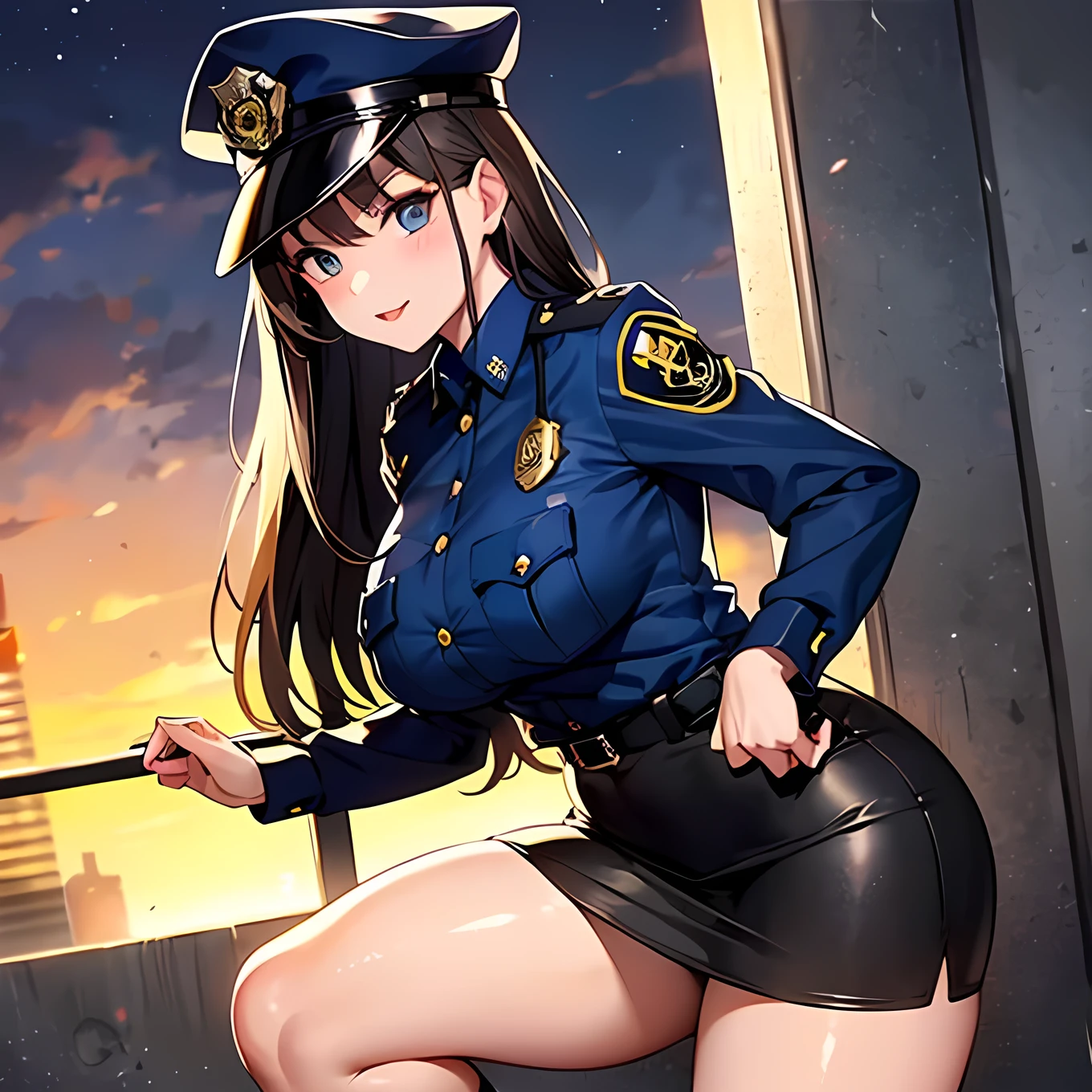 (Police Officer、Black tight skirt、Women&#39;s black short boots:1.4))、Beauty、Raise your arms,Spread your legs:1.3、I see your white pants:1.3、smile、((From below:1.2))