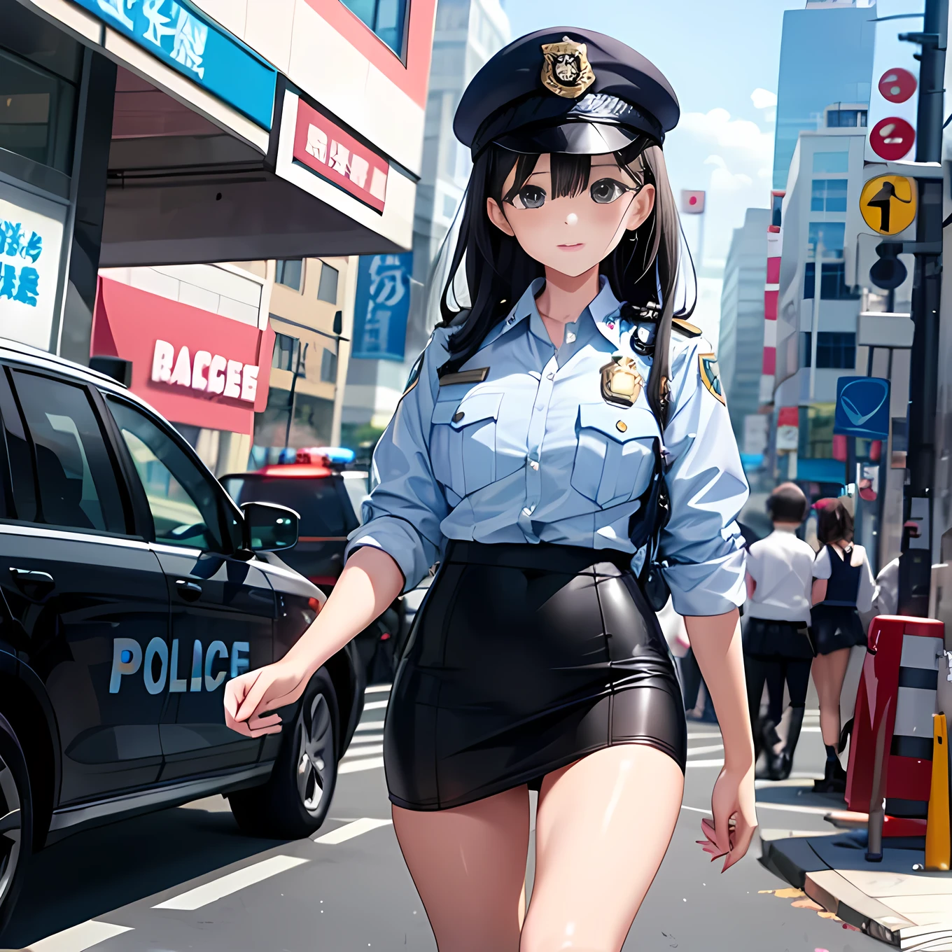 (Police Officer、Black tight skirt、Women&#39;s black short boots:1.4))、Beauty、Spread your legs:1.3、I see your white pants:1.3、smile、((From below:1.4))