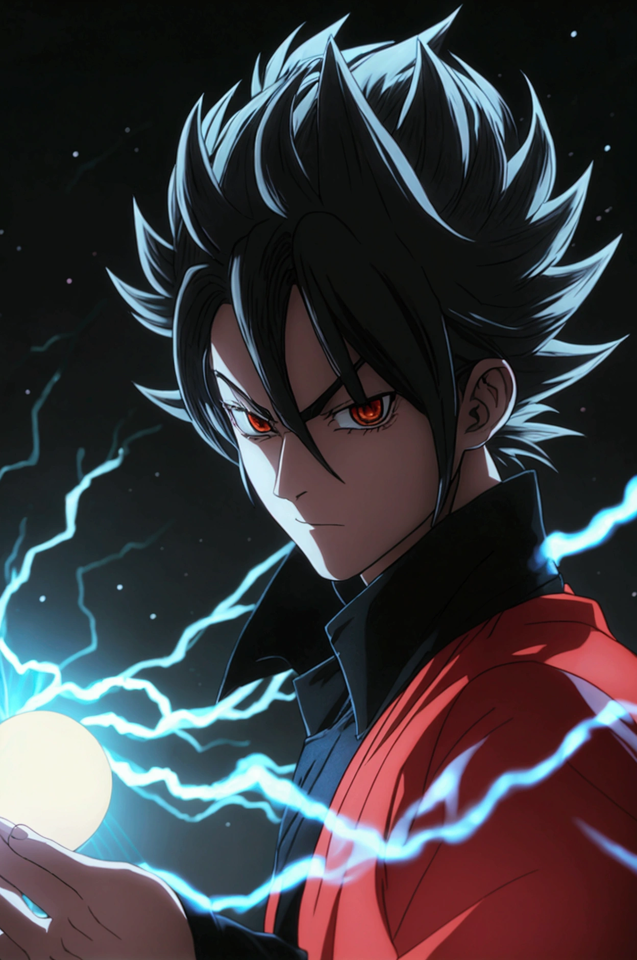 Seeing of the right, adult male, a character up to the waist, holding a black dark sphere of energy with white lightning parts like a lightning bolt illuminating around the sphere and in the middle of it, as if it were destroying the sphere and dodging, but it was just the aesthetics of power, white lightning after the character body, in a black background scenario, he holds it with his right hand and he was looking at it in admiration of his power, observing with superiority. Hair like Vegeta's going up and also like Sasuke's with bangs falling from the top to the chin area, Sasuke hairstyle, hair is very spike, spread upwards, sideways and downwards in the side and top, his hair is very high and voluminous on top like Vegeta's and has very wide bangs down and on the sides like Sasuke's, black eyes, black hair, stylish hair, black clothes mixed with Demon Slayer uniforme, very stylish outfit, cool outfit, going up to his wrists, being tight and closed in the beginning of the neck like Demon Slayer uniforme, ultra professional anime art, cinematic lighting, god rays, drop shadow, ray tracing, glowing light, sparkle, anime, anime style, best quality, high quality, high details, super detail, textured skin, highres, 1080P, anatomically correct, accurate, masterpiece, retina, UHD