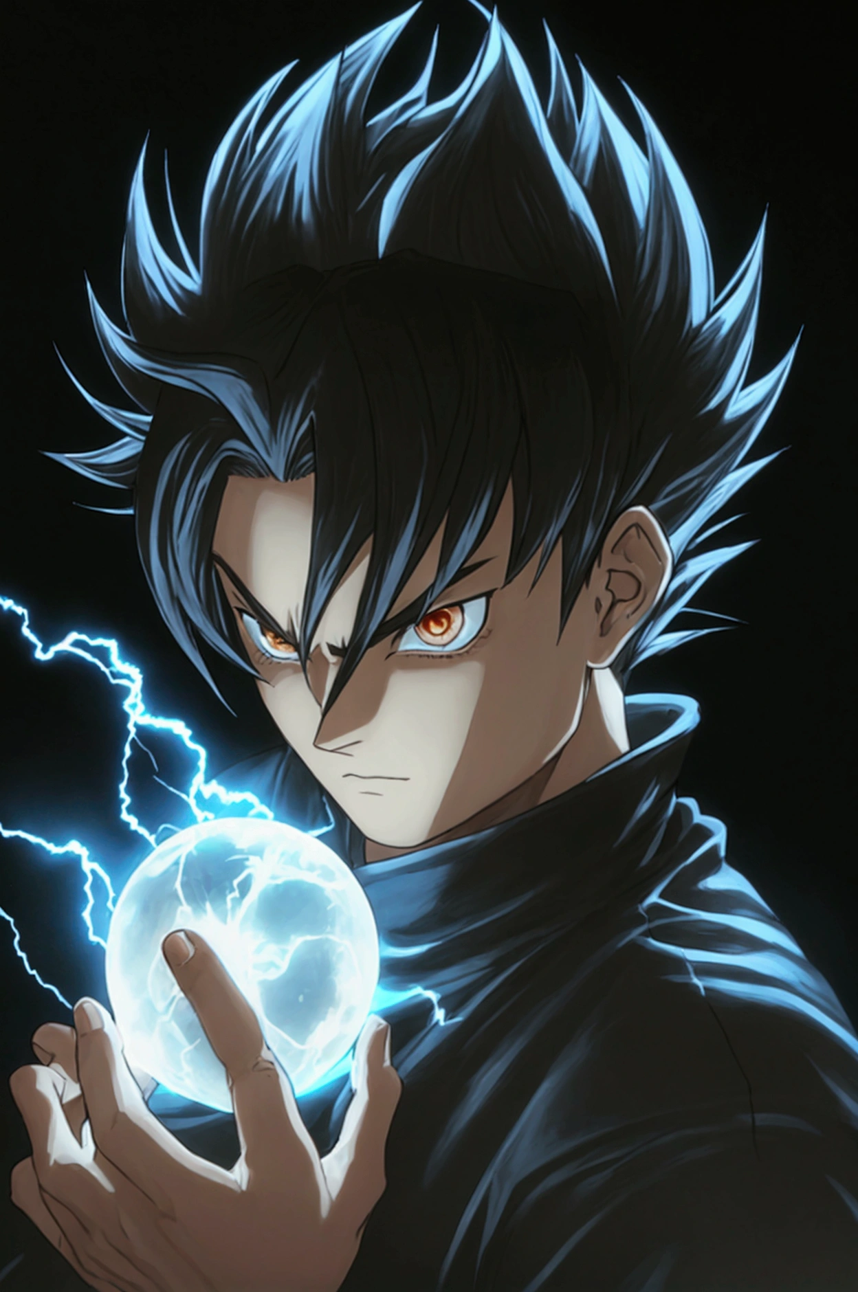 Seeing of the right, adult male, a character up to the waist, holding a black dark sphere of energy with white lightning parts like a lightning bolt illuminating around the sphere and in the middle of it, as if it were destroying the sphere and dodging, but it was just the aesthetics of power, white lightning after the character body, in a black background scenario, he holds it with his right hand and he was looking at it in admiration of his power, observing with superiority. Hair like Vegeta's going up and also like Sasuke's with bangs falling from the top to the chin area, Sasuke hairstyle, hair is very spike, spread upwards, sideways and downwards in the side and top, his hair is very high and voluminous on top like Vegeta's and has very wide bangs down and on the sides like Sasuke's, black eyes, black hair, stylish hair, black clothes mixed with Demon Slayer uniforme, very stylish outfit, cool outfit, going up to his wrists, being tight and closed in the beginning of the neck like Demon Slayer uniforme, ultra professional anime art, cinematic lighting, god rays, drop shadow, ray tracing, glowing light, sparkle, anime, anime style, best quality, high quality, high details, super detail, textured skin, highres, 1080P, anatomically correct, accurate, masterpiece, retina, UHD