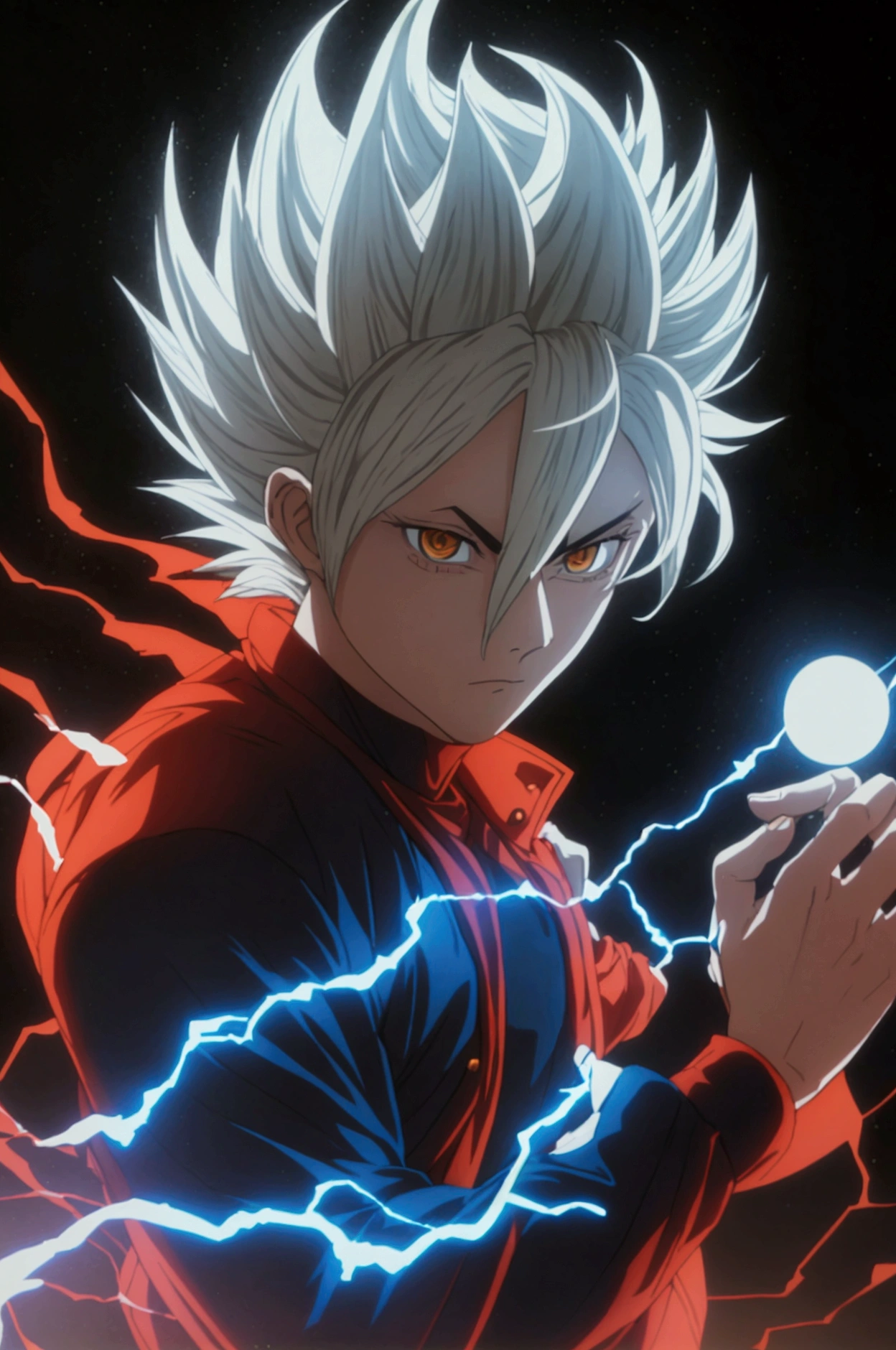 Seeing of the right, adult male, a character up to the waist, holding a black dark sphere of energy with white lightning parts like a lightning bolt illuminating around the sphere and in the middle of it, as if it were destroying the sphere and dodging, but it was just the aesthetics of power, white lightning after the character body, in a black background scenario, he holds it with his right hand and he was looking at it in admiration of his power, observing with superiority. Hair like Vegeta's going up and also like Sasuke's with bangs falling from the top to the chin area, Sasuke hairstyle, hair is very spike, spread upwards, sideways and downwards in the side and top, his hair is very high and voluminous on top like Vegeta's and has very wide bangs down and on the sides like Sasuke's, black eyes, black hair, stylish hair, black clothes mixed with Demon Slayer uniforme, very stylish outfit, cool outfit, going up to his wrists, being tight and closed in the beginning of the neck like Demon Slayer uniforme, ultra professional anime art, cinematic lighting, god rays, drop shadow, ray tracing, glowing light, sparkle, anime, anime style, best quality, high quality, high details, super detail, textured skin, highres, 1080P, anatomically correct, accurate, masterpiece, retina, UHD