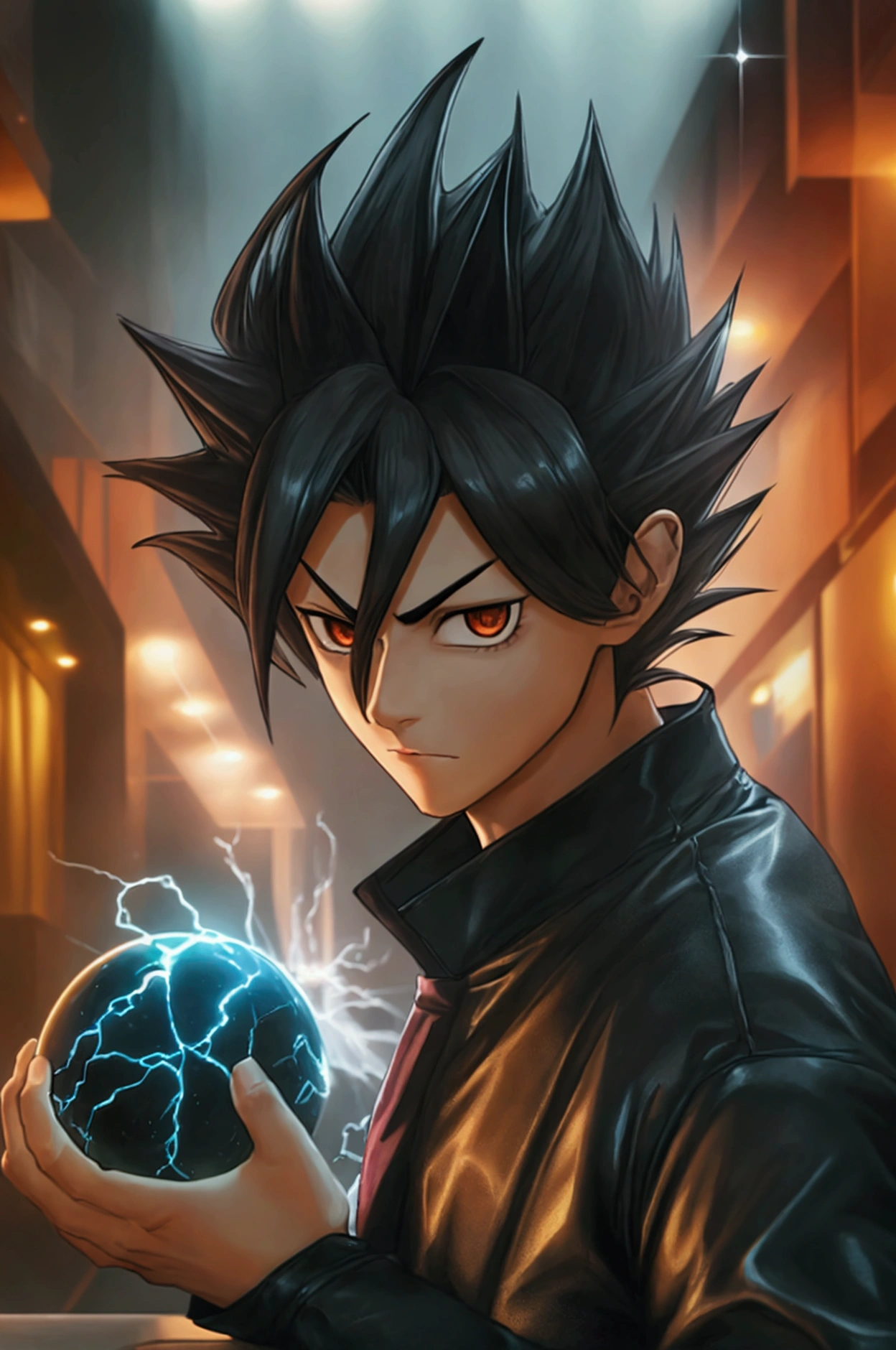 Seeing of the right, adult male, a character up to the waist, holding a black dark sphere of energy with white lightning parts like a lightning bolt illuminating around the sphere and in the middle of it, as if it were destroying the sphere and dodging, but it was just the aesthetics of power, white lightning after the character body, in a black background scenario, he holds it with his right hand and he was looking at it in admiration of his power, observing with superiority. Hair like Vegeta's going up and also like Sasuke's with bangs falling from the top to the chin area, Sasuke hairstyle, hair is very spike, spread upwards, sideways and downwards in the side and top, his hair is very high and voluminous on top like Vegeta's and has very wide bangs down and on the sides like Sasuke's, black eyes, black hair, stylish hair, black clothes mixed with Demon Slayer uniforme, very stylish outfit, cool outfit, going up to his wrists, being tight and closed in the beginning of the neck like Demon Slayer uniforme, ultra professional anime art, cinematic lighting, god rays, drop shadow, ray tracing, glowing light, sparkle, anime, anime style, best quality, high quality, high details, super detail, textured skin, highres, 1080P, anatomically correct, accurate, masterpiece, retina, UHD