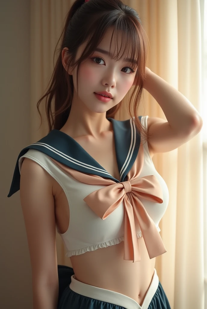 8K、Raw photography、top-quality、​masterpiece、独奏、perfect bodies、a beautiful Japanese schoolgirl、sixteen years old、skinny、Sexy white schoolgirl uniform、Dark blue tie、(Medium Boob)、Medium chest、(((((underboob)))))、Lower breast、underboob、 (Sexy uniform with a slight view of the underside of the chest)、(Visible lower milk、Uniform with visible ribs and navel)、Super mini skirt with no panties visible 、Uniform without sleeves、((looking at the viewers))、Blushing、sensual face、(brown-haired)、shinny skin、school classrooms