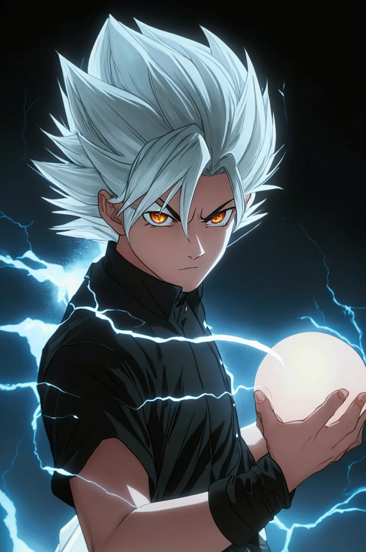 Seeing of the right, adult male, a character up to the waist, holding a black dark sphere of energy with white lightning parts like a lightning bolt illuminating around the sphere and in the middle of it, as if it were destroying the sphere and dodging, but it was just the aesthetics of power, white lightning after the character body, in a black background scenario, he holds it with his right hand and he was looking at it in admiration of his power, observing with superiority, hair like Vegeta's going up and also like Sasuke's with bangs falling from the top to the chin area, Sasuke hairstyle, hair is very spike, spread upwards, sideways and downwards in the side and top, his hair is very high and voluminous on top like Vegeta's and has very wide bangs down and on the sides like Sasuke's, black eyes, black hair, stylish hair, black Demon Slayer uniforme being tight and closed in the beginning of the neck like Demon Slayer uniforme, very stylish, cool, going up to his wrists, ultra professional anime art, cinematic lighting, god rays, drop shadow, ray tracing, glowing light, sparkle, anime, anime style, best quality, high quality, high details, super detail, textured skin, highres, 1080P, anatomically correct, accurate, masterpiece, retina, UHD