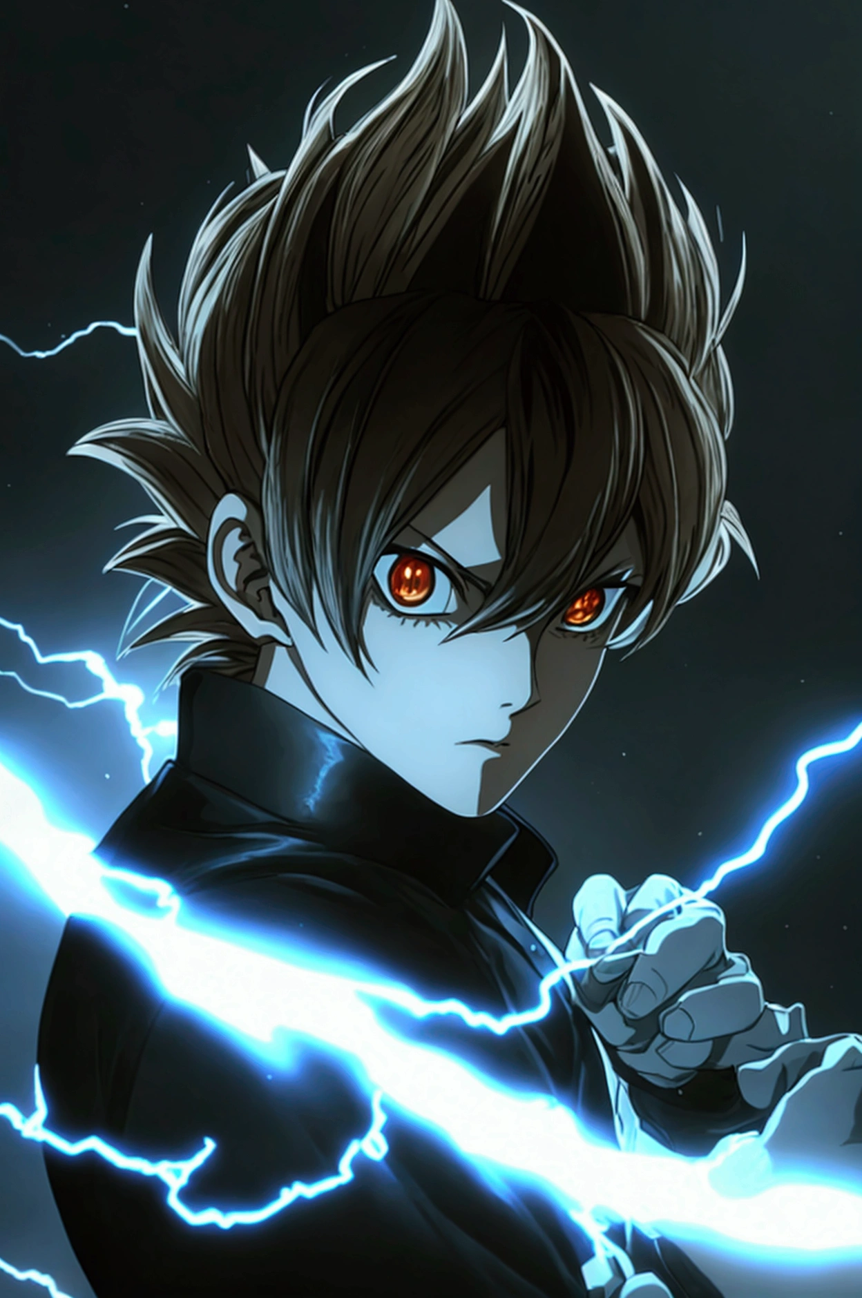 Seeing of the right, adult male, a character up to the waist, holding a black dark sphere of energy with white lightning parts like a lightning bolt illuminating around the sphere and in the middle of it, as if it were destroying the sphere and dodging, but it was just the aesthetics of power, white lightning after the character body, in a black background scenario, he holds it with his right hand and he was looking at it in admiration of his power, observing with superiority, hair like Vegeta's going up and also like Sasuke's with bangs falling from the top to the chin area, Sasuke hairstyle, hair is very spike, spread upwards, sideways and downwards in the side and top, his hair is very high and voluminous on top like Vegeta's and has very wide bangs down and on the sides like Sasuke's, black eyes, black hair, stylish hair, black Demon Slayer uniforme being tight and closed in the beginning of the neck like Demon Slayer uniforme, very stylish, cool, going up to his wrists, ultra professional anime art, cinematic lighting, god rays, drop shadow, ray tracing, glowing light, sparkle, anime, anime style, best quality, high quality, high details, super detail, textured skin, highres, 1080P, anatomically correct, accurate, masterpiece, retina, UHD