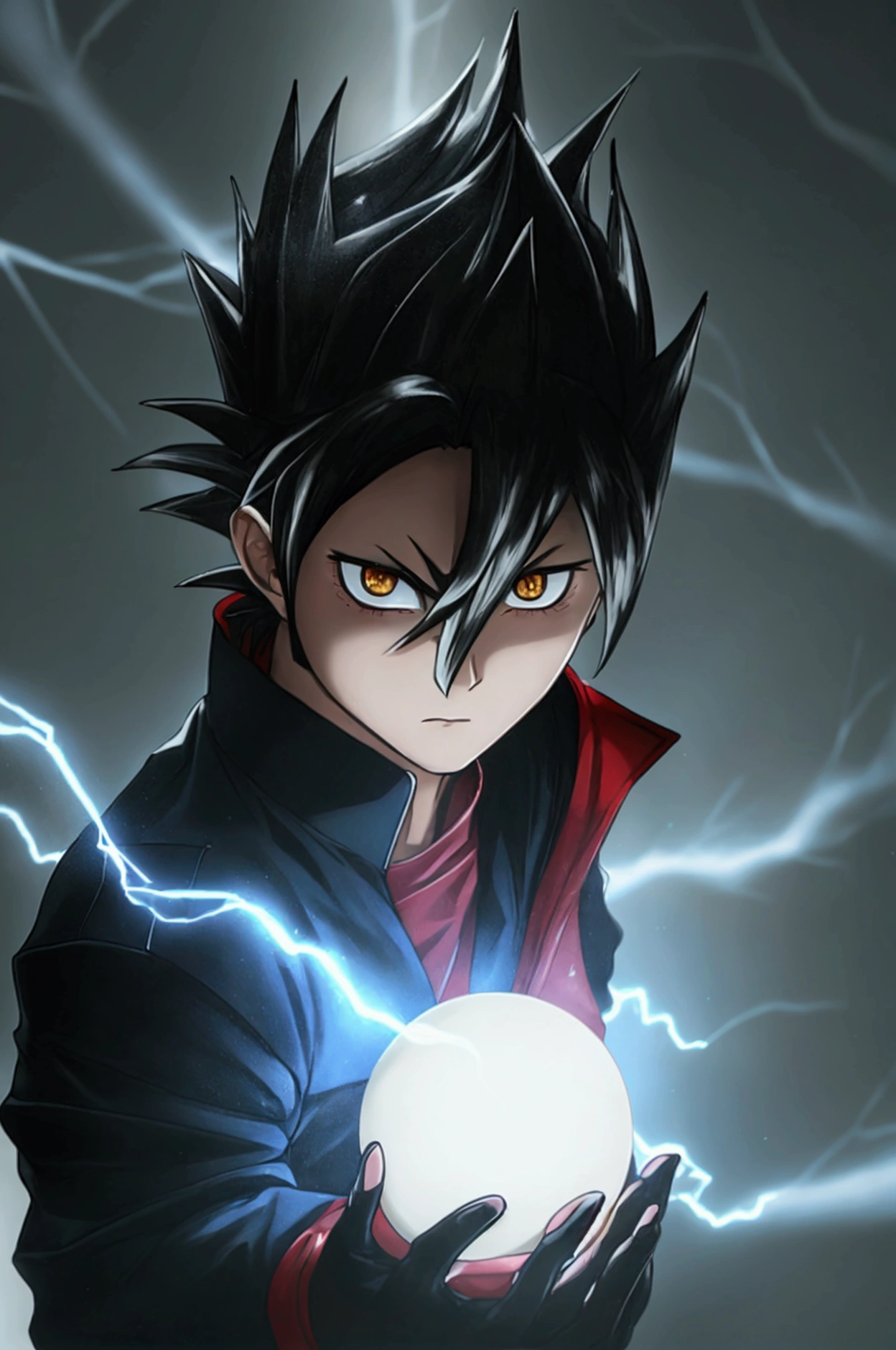 Seeing of the right, adult male, a character up to the waist, holding a black dark sphere of energy with white lightning parts like a lightning bolt illuminating around the sphere and in the middle of it, as if it were destroying the sphere and dodging, but it was just the aesthetics of power, white lightning after the character body, in a black background scenario, he holds it with his right hand and he was looking at it in admiration of his power, observing with superiority, hair like Vegeta's going up and also like Sasuke's with bangs falling from the top to the chin area, Sasuke hairstyle, hair is very spike, spread upwards, sideways and downwards in the side and top, his hair is very high and voluminous on top like Vegeta's and has very wide bangs down and on the sides like Sasuke's, black eyes, black hair, stylish hair, black Demon Slayer uniforme being tight and closed in the beginning of the neck like Demon Slayer uniforme, very stylish, cool, going up to his wrists, ultra professional anime art, cinematic lighting, god rays, drop shadow, ray tracing, glowing light, sparkle, anime, anime style, best quality, high quality, high details, super detail, textured skin, highres, 1080P, anatomically correct, accurate, masterpiece, retina, UHD