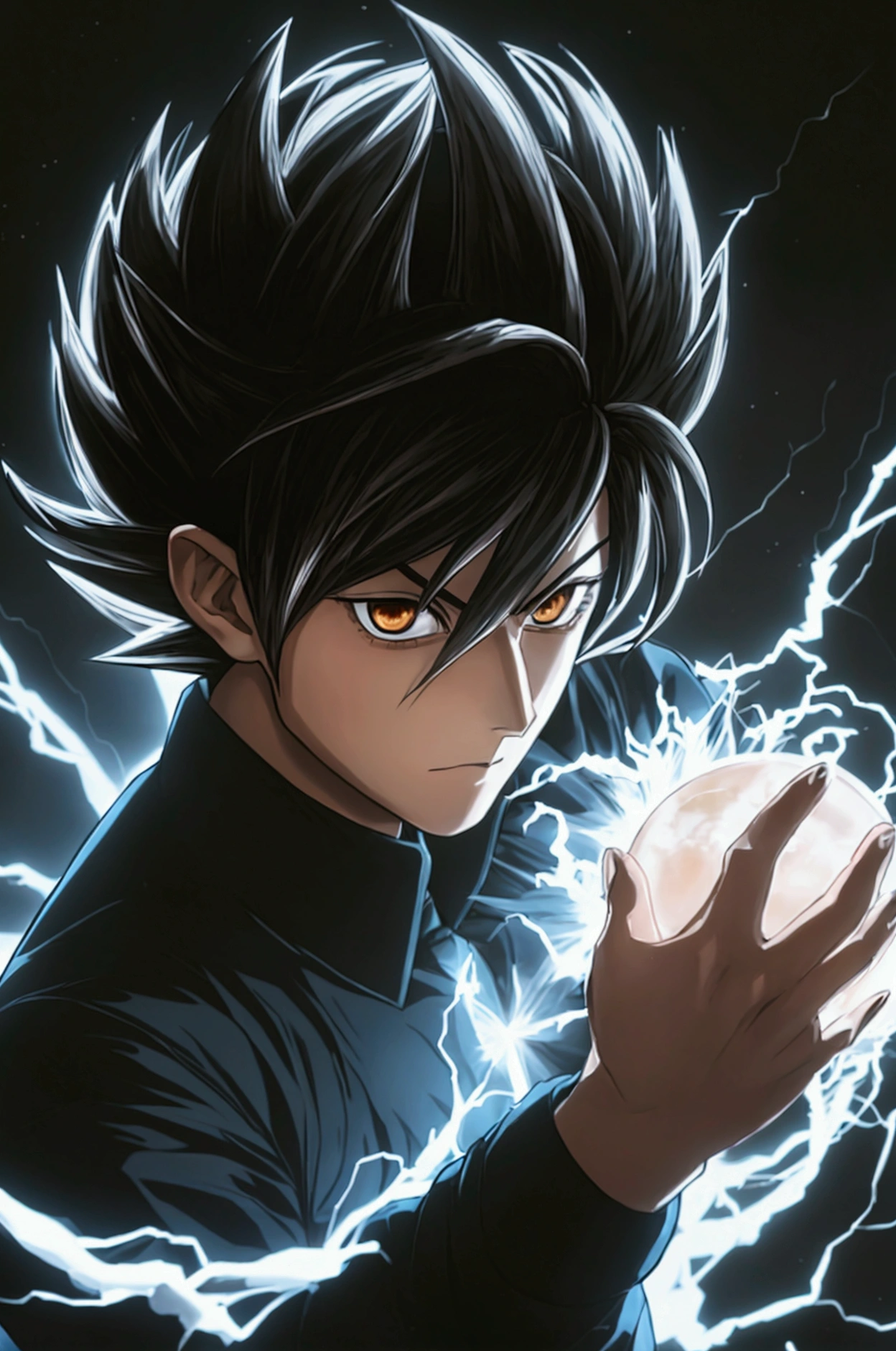 Seeing of the right, adult male, a character up to the waist, holding a black dark sphere of energy with white lightning parts like a lightning bolt illuminating around the sphere and in the middle of it, as if it were destroying the sphere and dodging, but it was just the aesthetics of power, white lightning after the character body, in a black background scenario, he holds it with his right hand and he was looking at it in admiration of his power, observing with superiority, hair like Vegeta's going up and also like Sasuke's with bangs falling from the top to the chin area, Sasuke hairstyle, hair is very spike, spread upwards, sideways and downwards in the side and top, his hair is very high and voluminous on top like Vegeta's and has very wide bangs down and on the sides like Sasuke's, black eyes, black hair, stylish hair, black Demon Slayer uniforme being tight and closed in the beginning of the neck like Demon Slayer uniforme, very stylish, cool, going up to his wrists, ultra professional anime art, cinematic lighting, god rays, drop shadow, ray tracing, glowing light, sparkle, anime, anime style, best quality, high quality, high details, super detail, textured skin, highres, 1080P, anatomically correct, accurate, masterpiece, retina, UHD