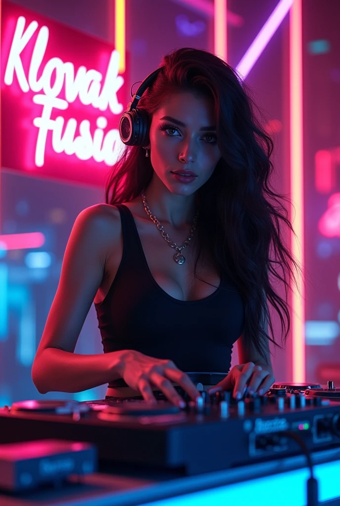 female light skin Persian DJ, in Miami outdoor festival, in front of console. She looks very attractive, festival lights and sunset visible in the background.