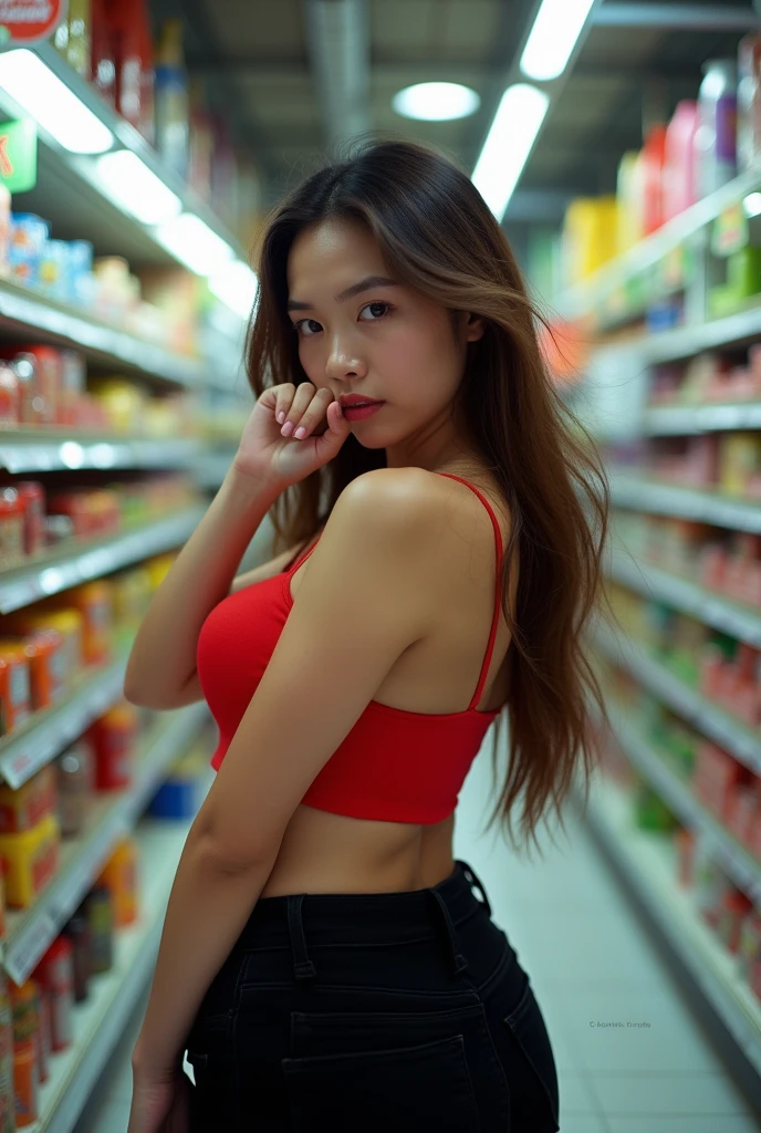 High quality, real, 1 woman, sexy, big breasts, beautiful woman, beautiful skin, cute, Korean style, exposed, silver hair, red lips, big breasts, short hair, smile, sexy underwear, holding breasts from below with both hands, supermarket