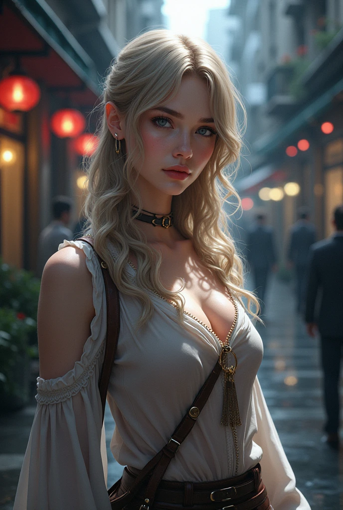 (big breasts, bountiful breasts, neckleace profundo, (Half Body Posttrait:1.4), (((red rose tattoos on arm and shoulder:1))), beautiful red rose tattoos, RAW UHD portrait photo of a 24-year-old blonde (Blue eyed woman) walking down a dark alley, natural breasts_b, night city background, (red sun dress), (neckleace), detailded (texturas!, body hair!, Glow Up, Farbe!!, Imperfections:1.1), highly detailded glossy eyes, (Looking at the camera), specular lighting, dslr, ultra quality, sharp focus, thank you sharp, dof, Film grain, (centred), Fujifilm XT3, clear as crystal, center of frame, cute face, sharp focus, street lamp, neon lights, bokeh, (dimly-lit), subtle, at night, (Night sky) detailded skin pores, greasy skin, suntanned, intricate eye detail, ((deep cleavage 1.8, oily skin, oily body, huge perky breasts, curvy figure, standing, hands on waist, ))(erotic smile)) cameltoe 1.8, , yellow dress,