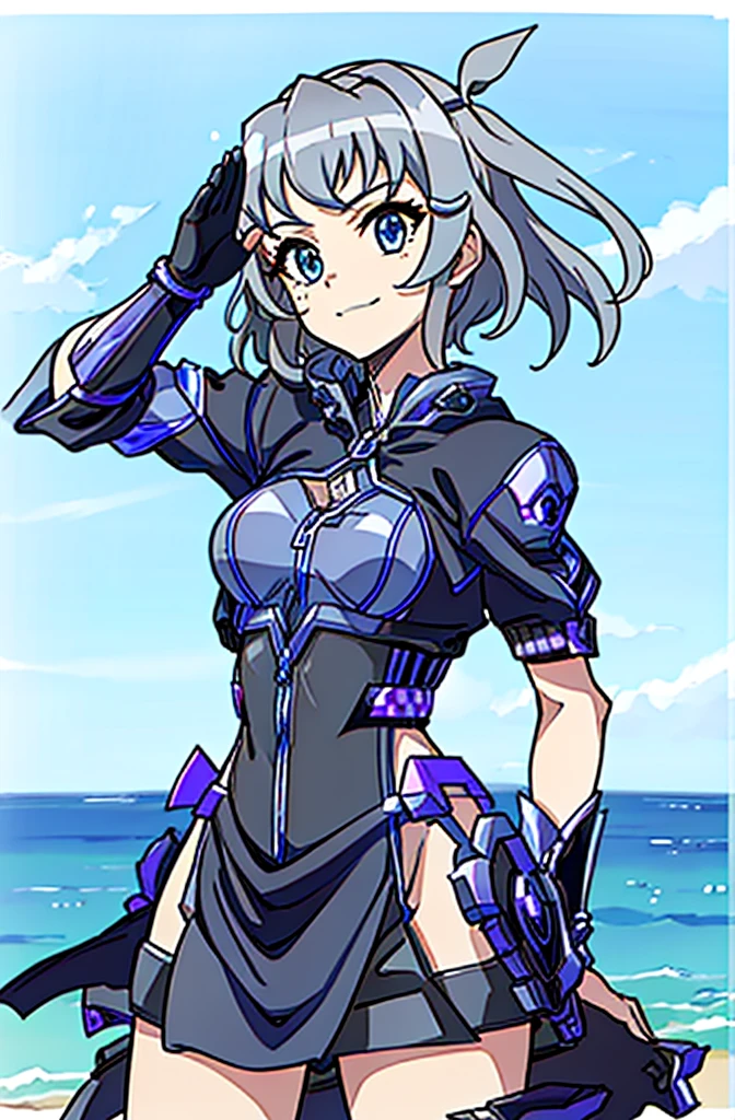 Tabletop, Best Quality, High resolution, One Girl, Alone, Long Hair, Have, blue eyes, Gray Hair, My hair is messy, black gloves黒パンスト, Police uniform, Black Skirt, Short sleeve, Cowboy Shot, salute, Please put your hands on your hips,smile,