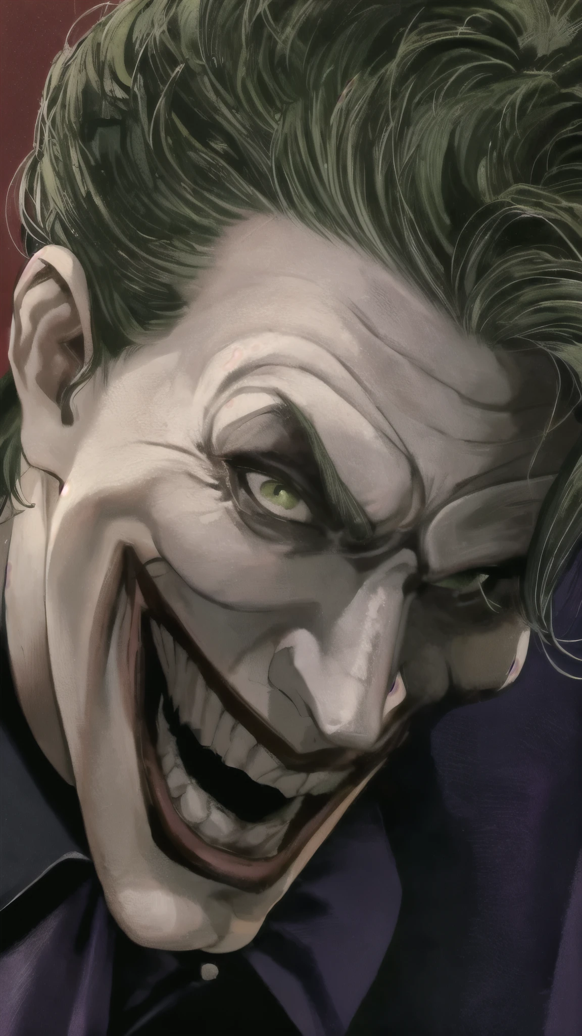 the joker with green hair and green eyes, willem dafoe as the joker, sinister smile, vintage comic style, by Neal Adams.