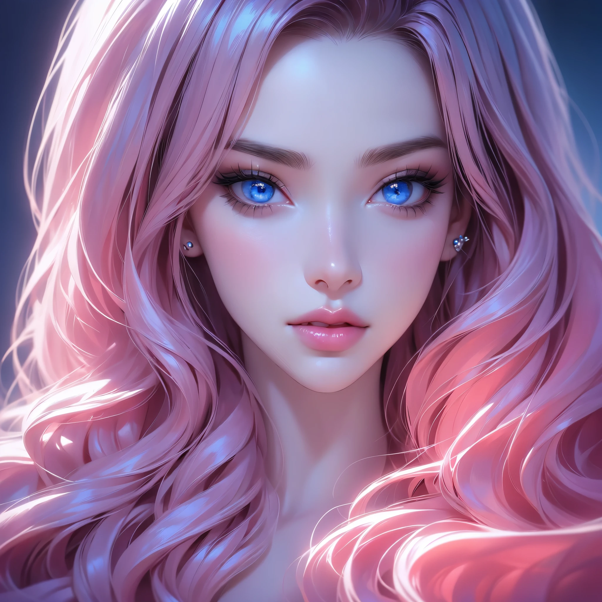 1girl, hyper-realistic, intricate detail, incredibly detailed face, high quality, photorealistic, high resolution, 8k, vivid colors, beautiful detailed eyes, beautiful detailed lips, extremely detailed eyes and face, long eyelashes, pink flowing hair, solo, long hair, grey gradient background, elegant makeup, detailed nose, visible breasts, perfect teeth, piercing blue eyes, upper body portrait