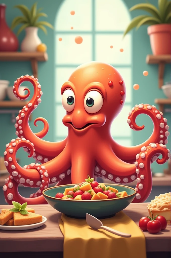 the animation of a spicy octopus on a plate for eating yellow habanero chili from Yucatan