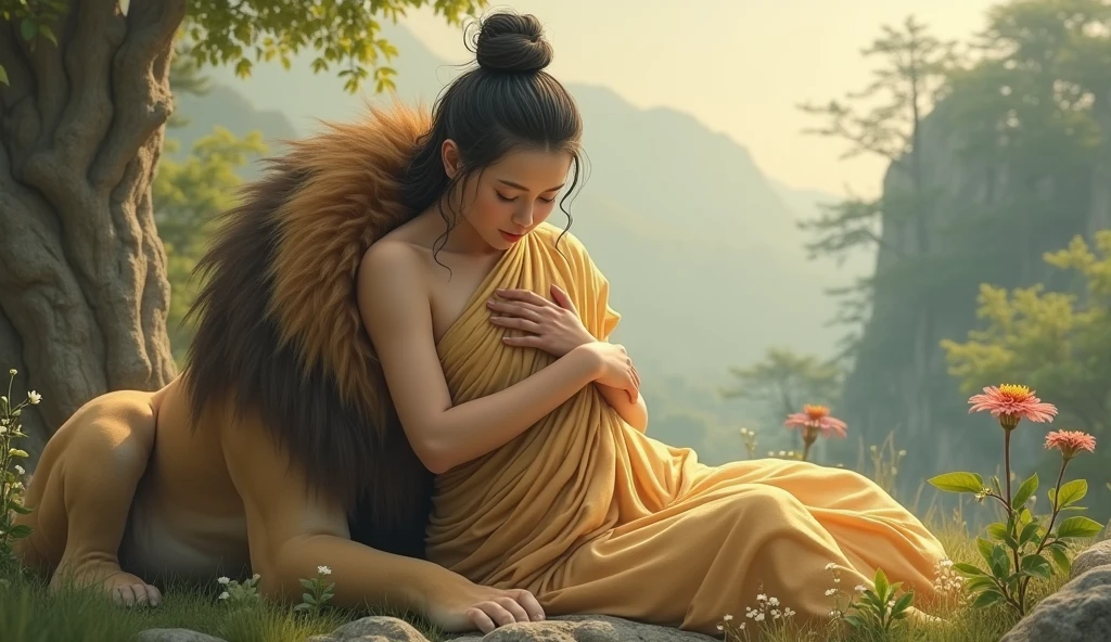 there is a woman that is sitting down with a yellow dress, a marble sculpture inspired by Wang Yuanqi, trending on cg society, rococo, palace , a girl in hanfu, hanfu, elf long weaving brown hair