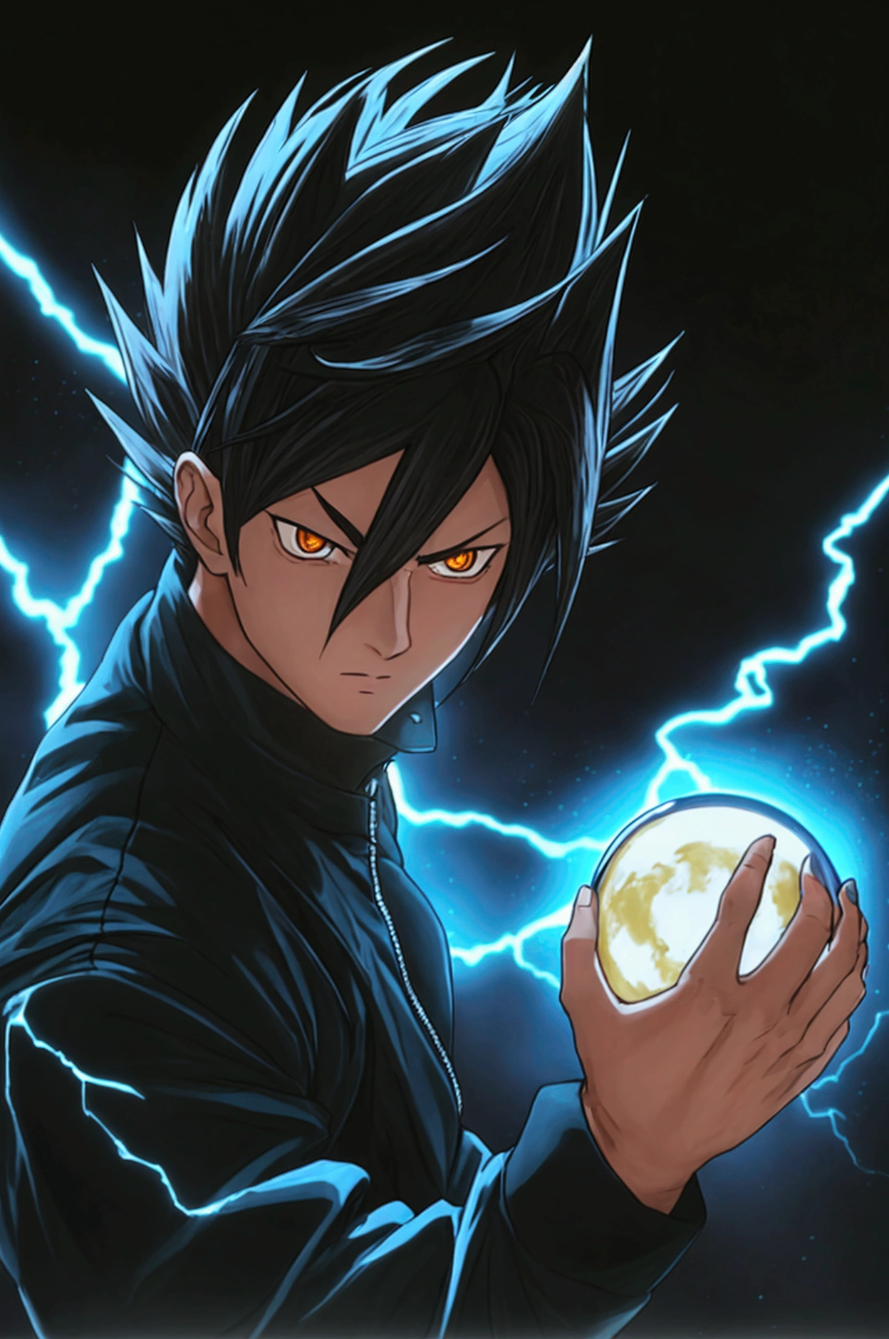 Seeing of the right, adult male, a character up to the waist, holding a black dark sphere of energy with white lightning parts like a lightning bolt illuminating around the sphere and in the middle of it, as if it were destroying the sphere and dodging, but it was just the aesthetics of power, white lightning after the character body, in a black background scenario, he holds it with his right hand and he was looking at it in admiration of his power, observing with superiority, hair like Vegeta's going up and also like Sasuke's with bangs falling from the top to the chin area, Sasuke hairstyle, hair is very spike, spread upwards, sideways and downwards in the side and top, his hair is very high and voluminous on top like Vegeta's and has very wide bangs down and on the sides like Sasuke's, black eyes, black hair, stylish hair, black Demon Slayer uniforme being tight and closed in the beginning of the neck like Demon Slayer uniforme, very stylish, cool, going up to his wrists, transforming into a monster with skin of a dark brownish tone, a black x on the nose going to the division of the eyebrows and crossing the sides of the nose, spiked, immense and brownish nails, purple energy emerging behind its body and emerging from the ground, wind rising behind its body, ultra professional anime art, cinematic lighting, god rays, drop shadow, ray tracing, glowing light, sparkle, anime, anime style, best quality, high quality, high details, super detail, textured skin, highres, 1080P, anatomically correct, accurate, masterpiece, retina, UHD