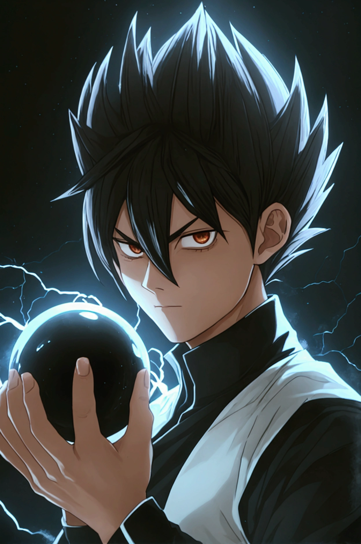 Seeing of the right, adult male, a character up to the waist, holding a black dark sphere of energy with white lightning parts like a lightning bolt illuminating around the sphere and in the middle of it, as if it were destroying the sphere and dodging, but it was just the aesthetics of power, white lightning after the character body, in a black background scenario, he holds it with his right hand and he was looking at it in admiration of his power, observing with superiority, hair like Vegeta's going up and also like Sasuke's with bangs falling from the top to the chin area, Sasuke hairstyle, hair is very spike, spread upwards, sideways and downwards in the side and top, his hair is very high and voluminous on top like Vegeta's and has very wide bangs down and on the sides like Sasuke's, black eyes, black hair, stylish hair, black Demon Slayer uniforme being tight and closed in the beginning of the neck like Demon Slayer uniforme, very stylish, cool, going up to his wrists, transforming into a monster with skin of a dark brownish tone, a black x on the nose going to the division of the eyebrows and crossing the sides of the nose, spiked, immense and brownish nails, purple energy emerging behind its body and emerging from the ground, wind rising behind its body, ultra professional anime art, cinematic lighting, god rays, drop shadow, ray tracing, glowing light, sparkle, anime, anime style, best quality, high quality, high details, super detail, textured skin, highres, 1080P, anatomically correct, accurate, masterpiece, retina, UHD