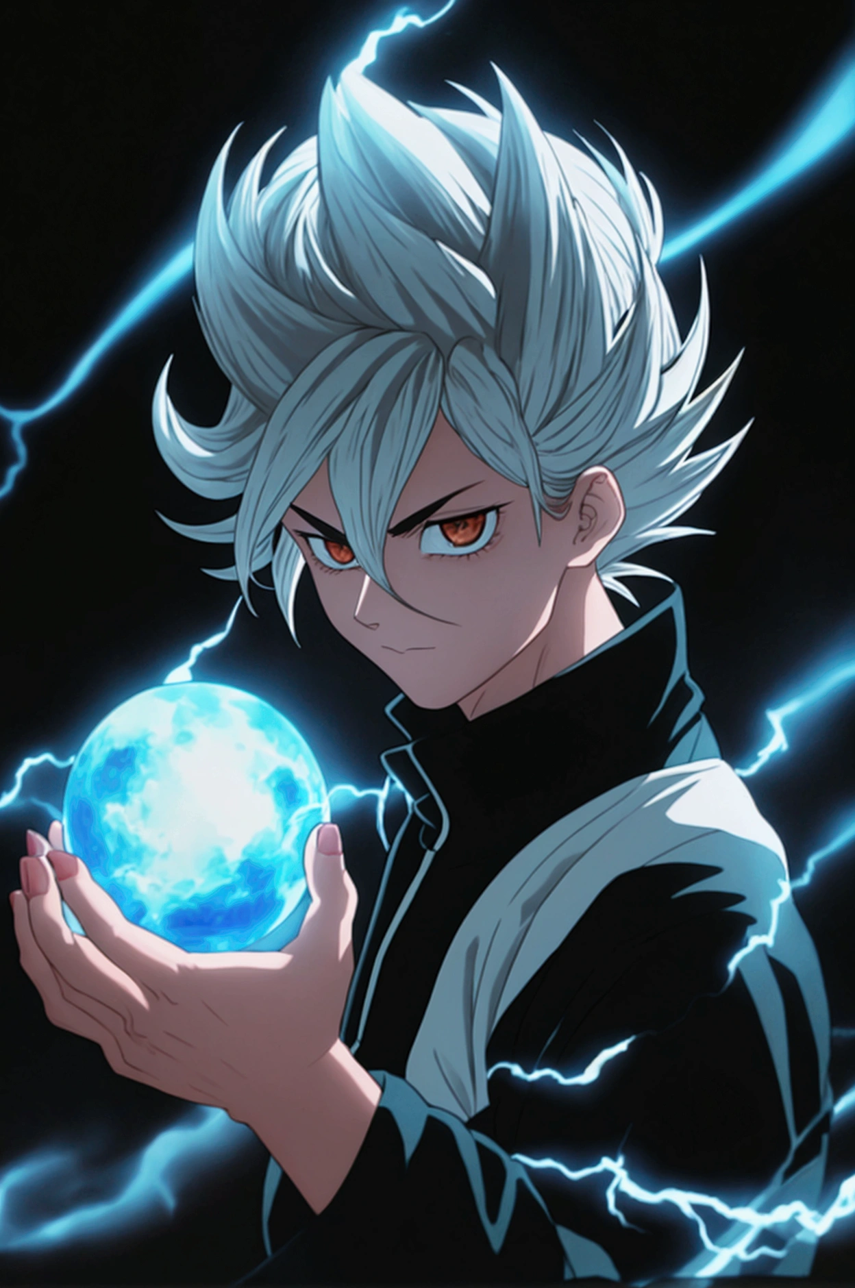 Seeing of the right, adult male, a character up to the waist, holding a black dark sphere of energy with white lightning parts like a lightning bolt illuminating around the sphere and in the middle of it, as if it were destroying the sphere and dodging, but it was just the aesthetics of power, white lightning after the character body, in a black background scenario, he holds it with his right hand and he was looking at it in admiration of his power, observing with superiority, hair like Vegeta's going up and also like Sasuke's with bangs falling from the top to the chin area, Sasuke hairstyle, hair is very spike, spread upwards, sideways and downwards in the side and top, his hair is very high and voluminous on top like Vegeta's and has very wide bangs down and on the sides like Sasuke's, black eyes, black hair, stylish hair, black Demon Slayer uniforme being tight and closed in the beginning of the neck like Demon Slayer uniforme, very stylish, cool, going up to his wrists, transforming into a monster with skin of a dark brownish tone, a black x on the nose going to the division of the eyebrows and crossing the sides of the nose, spiked, immense and brownish nails, purple energy emerging behind its body and emerging from the ground, wind rising behind its body, ultra professional anime art, cinematic lighting, god rays, drop shadow, ray tracing, glowing light, sparkle, anime, anime style, best quality, high quality, high details, super detail, textured skin, highres, 1080P, anatomically correct, accurate, masterpiece, retina, UHD