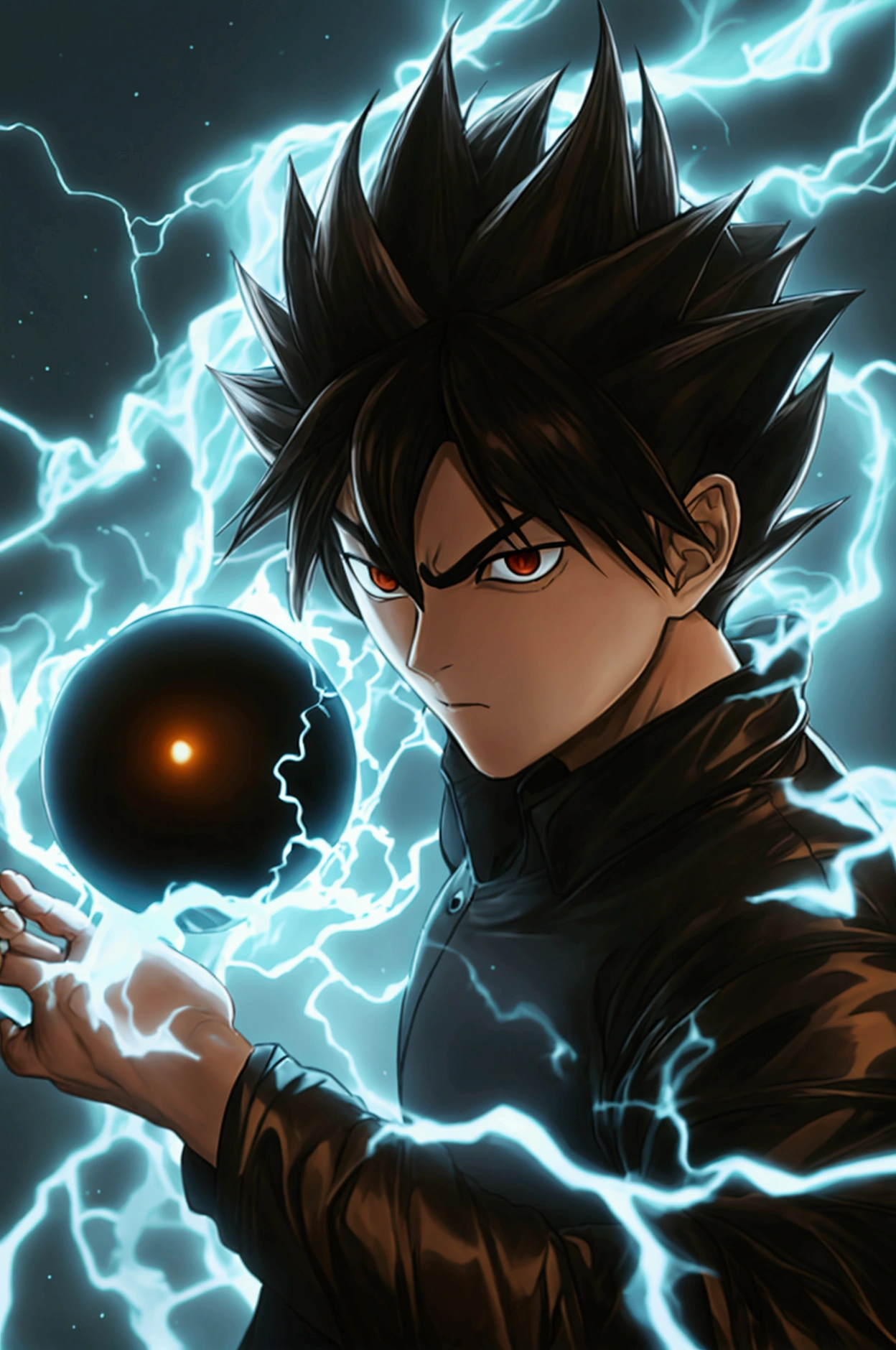 Seeing of the right, adult male, a character up to the waist, holding a black dark sphere of energy with white lightning parts like a lightning bolt illuminating around the sphere and in the middle of it, as if it were destroying the sphere and dodging, but it was just the aesthetics of power, white lightning after the character body, in a black background scenario, he holds it with his right hand and he was looking at it in admiration of his power, observing with superiority, hair like Vegeta's going up and also like Sasuke's with bangs falling from the top to the chin area, Sasuke hairstyle, hair is very spike, spread upwards, sideways and downwards in the side and top, his hair is very high and voluminous on top like Vegeta's and has very wide bangs down and on the sides like Sasuke's, black eyes, black hair, stylish hair, black Demon Slayer uniforme being tight and closed in the beginning of the neck like Demon Slayer uniforme, very stylish, cool, going up to his wrists, transforming into a monster with skin of a dark brownish tone, a black x on the nose going to the division of the eyebrows and crossing the sides of the nose, spiked, immense and brownish nails, purple energy emerging behind its body and emerging from the ground, wind rising behind its body, ultra professional anime art, cinematic lighting, god rays, drop shadow, ray tracing, glowing light, sparkle, anime, anime style, best quality, high quality, high details, super detail, textured skin, highres, 1080P, anatomically correct, accurate, masterpiece, retina, UHD