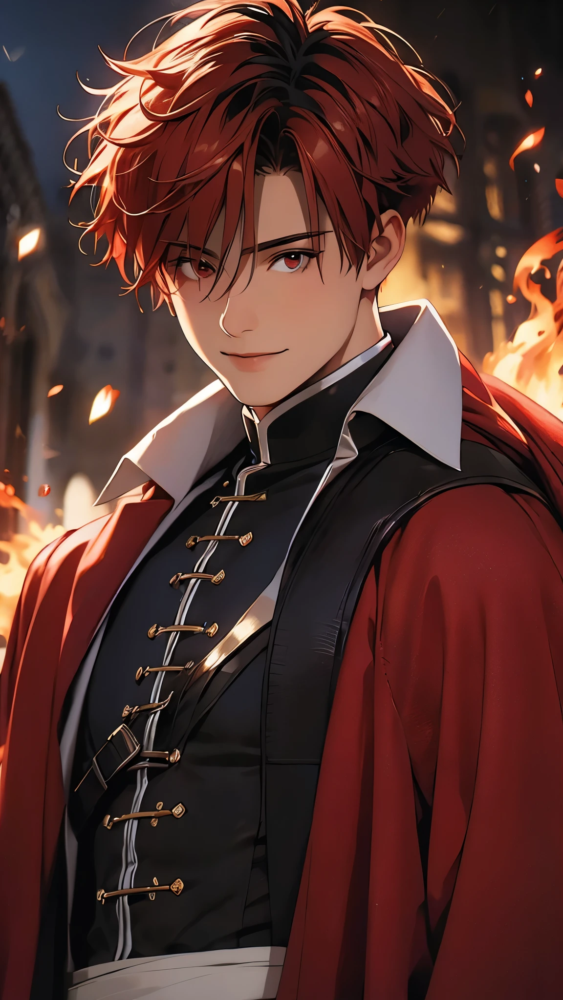 envision a 8k, highres, cinematic, detailed, semi realistic close up portrait of a sharp boy, red hair, red eyes, wide confident smile, Fire armor, shoulder cape, flowy cape, fire, (((1boy))), in dark lighting, against a dark background