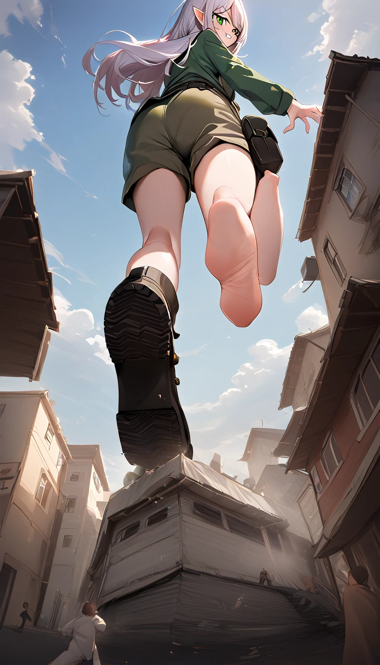 ((alya,alisa mikhailovna kujou)),1 female elf with long red hair, emerald green eyes, green top and brown cargo shorts and black Doc Martens, trampling,(pov from below:1.3), stepped on a tiny person, ass pov, low angle, feet, looking to the down, one foot out of frame, Leg raise, focus on the sole of her shoe, standing on one leg, Depth of field, plein-air,( foreshortening:1.2), facial blur, mischievous grin, tiny people running in fear, blurry face, building, citys, sky, nube, giantess, mega size, work of art, best qualityer, absurdly detailed