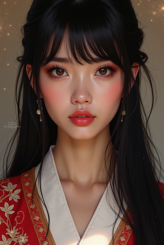 Asian woman with a messy hair and a pink makeup, retrato realista, hiper realista, detailed face of a asian girl, pintura digital realista, Estilo anime 3D realista, pintura digital hiper realista, estilo realismo anime, desenho digital realista, pintura digital fotorrealista