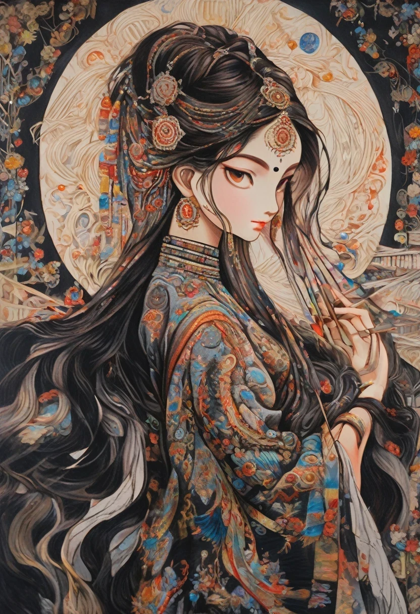 A painting of a woman with long hair and a fan in her hand, Korean Art Nouveau Animation, Beautiful and exquisite paintings, Jan J, Beautiful character drawings, Complex and beautiful painting, Inspired by Chen Yifei, Ju Lian, Inspired by Woo Bin, by Ni Zan, Inspired by Yun Feizhi, Inspired by Qiu Ying, Japanese Goddess