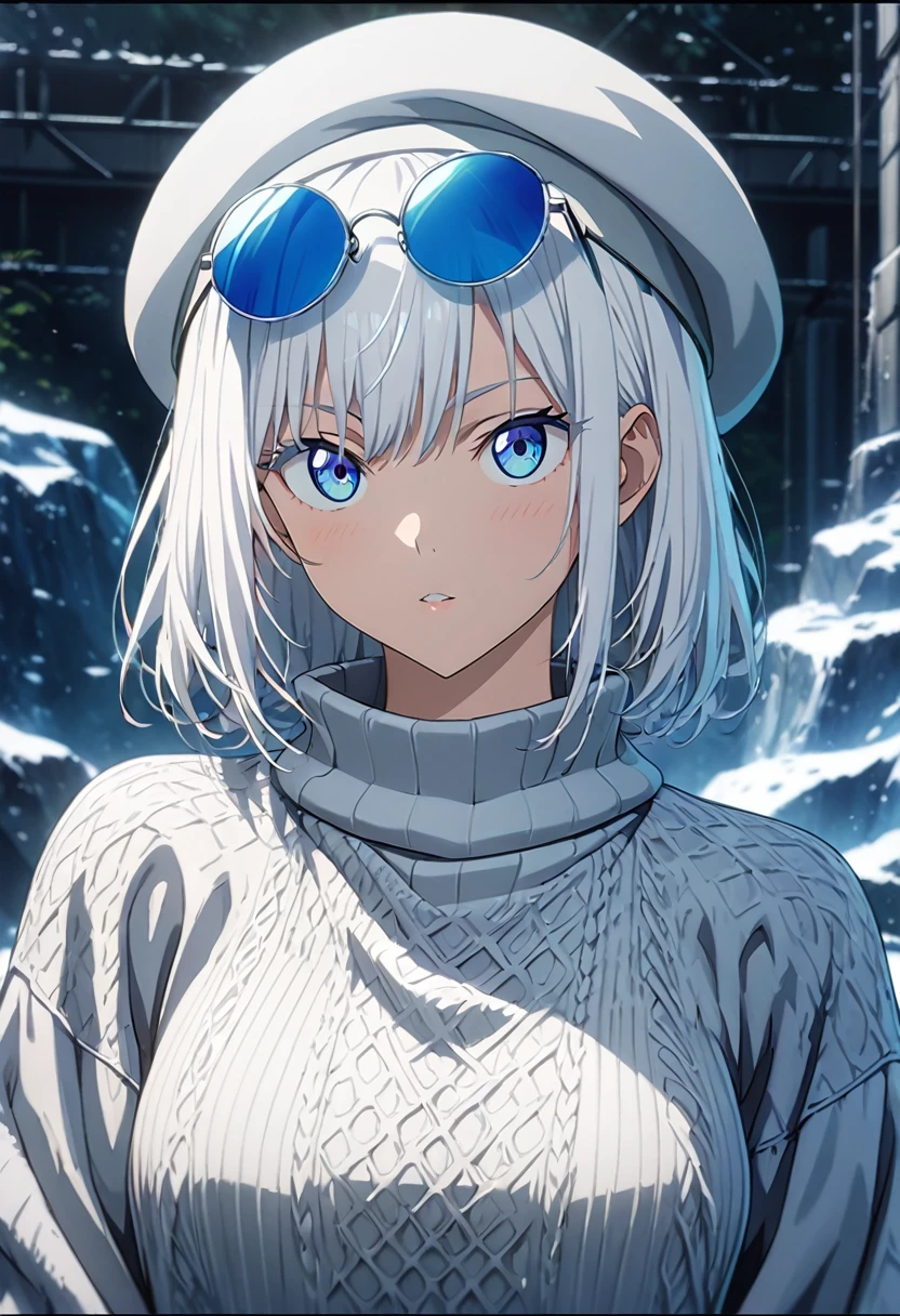 1.5, best quality, high quality, High definition, High quality texture, high detail, beautiful detailed, finely detailed, extremely detailed cg, detailed texture, ((ANIME)), 1girl, woman, female, ((overly confident)), casual outfit, trendy, baggy sweater, beret, white hair, lowered circular sunglasses, icy blue eyes, beautiful, white eyelashes, white eyebrows