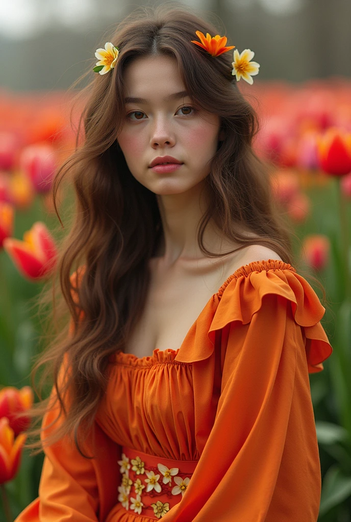 Photorealistic, natural lighting, a youg modern redhead goddess, Malese Jow, looking us, less clothes, in a field full of flowers, vivid colors, in space, realistic photograph, 8K, DOF