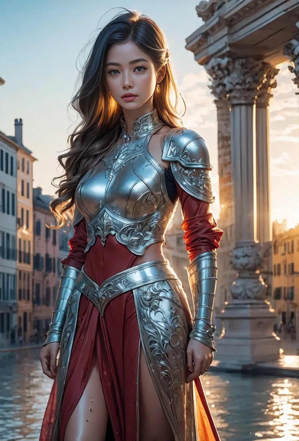 (Very detailed:1.2, masterpiece:1.2, Best quality:1.2, High resolution:1.2), A city and an elevated bridge destroyed by war and left in ruins, wet ground, 1 girl, brown blonde long hair ponytail style, Old armor with very realistic details., Dirty Breastplate, Silver epaulettes, Navy Cloak, dirty face, Blood stain, Blue sky, Beautiful sunset, Cinematic directing,