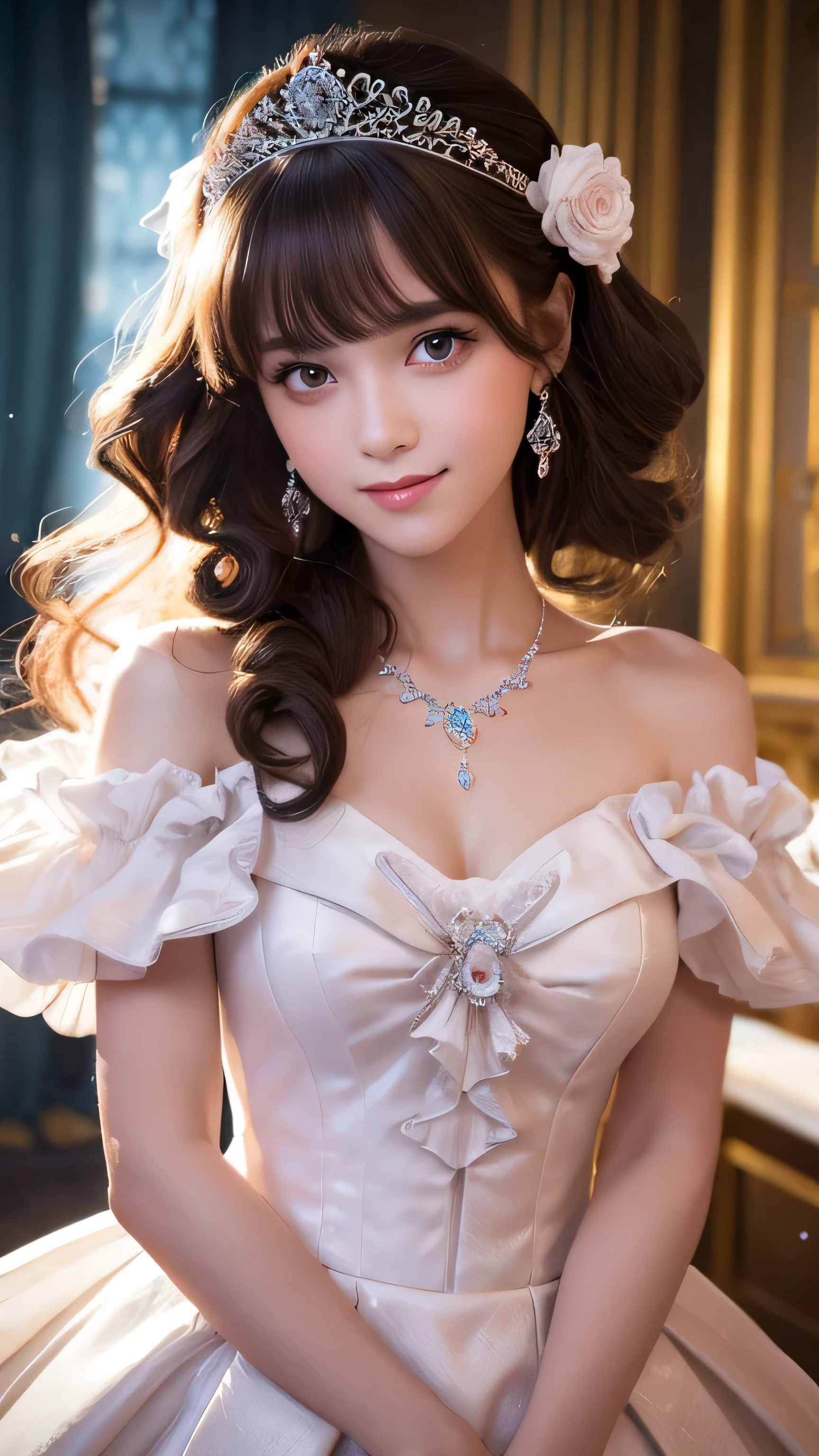 Dramatic composition, Court-style dress, Royal, nice, カスケードFrills, Frills, bow, Crystal Chandelier, Roman Curly Hairstyles, to place, ponytail, Looking at the camera, bangs, Maximalism, Palace-like background, Delicate depiction of hair and eyes, Princess Dress, nice skirts, Flowers in hands, smile, Starry Eyes, Cinematic Light, Extremely detailed, High resolution, happy, diamond, broken diamond, Crystal Fragment, Particles of light,Small cleavage