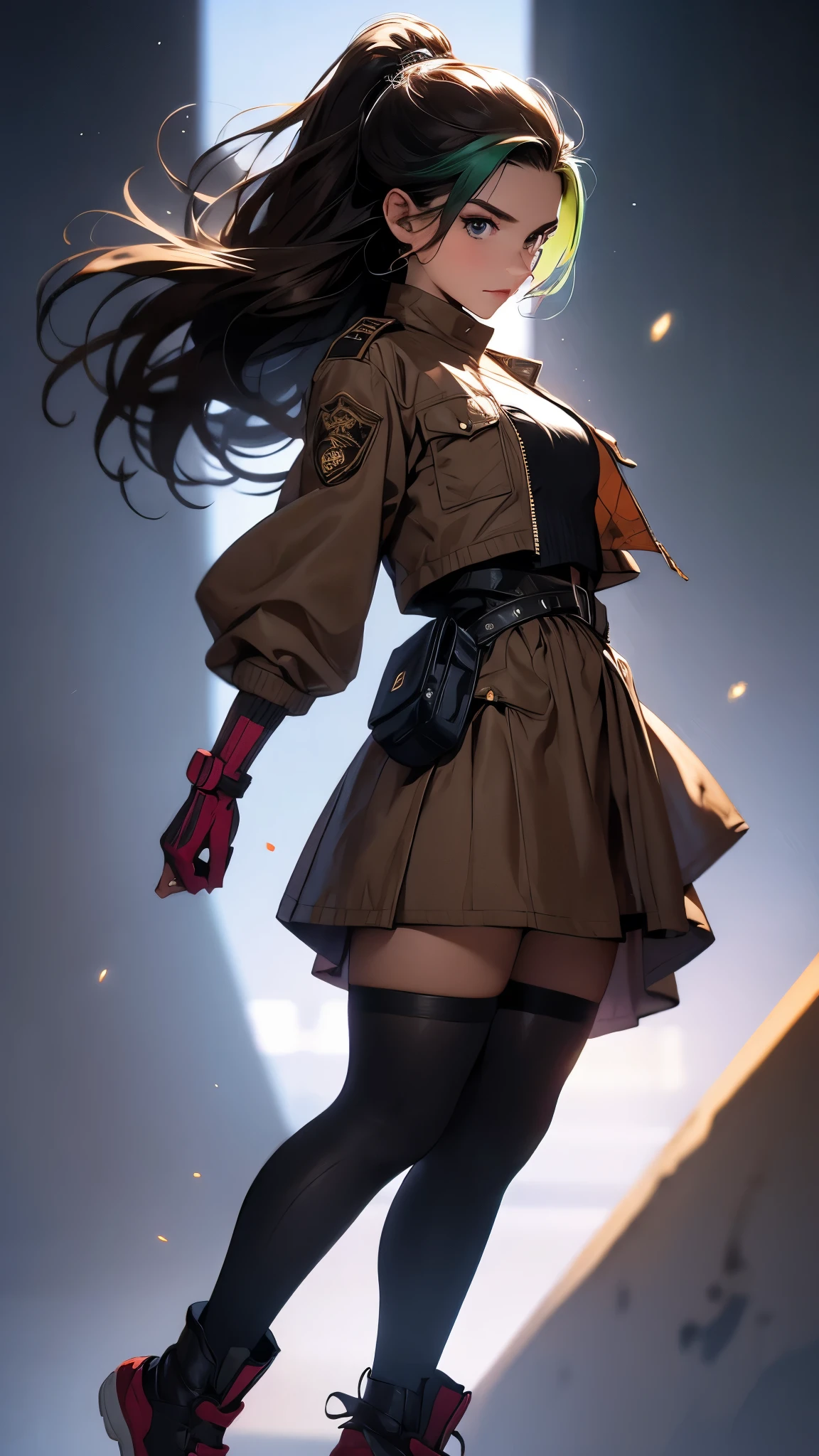 envision a 8k, highres, cinematic, beautiful full body of a sexy lady with a slender body, strong face, strong mature older face, (((long brown hair))), multicolored, side locks, long bangs, blue eyes, Nimona, ((dark skin)),  military Lolita dress, military uniform, gloves, cropped jacket, ((((1girl)))), in dark lighting, against a dark gray background