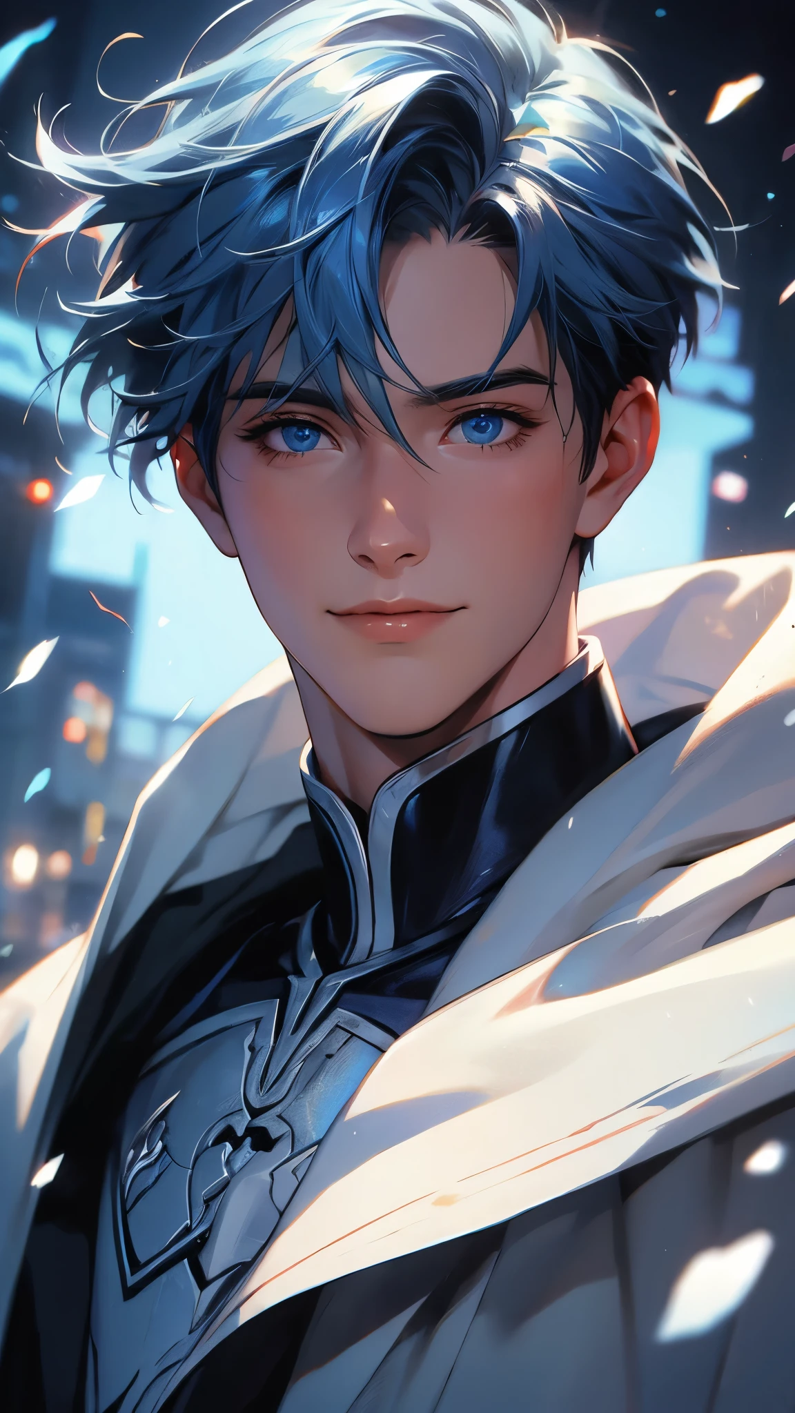 envision a 8k, highres, cinematic, detailed, semi realistic close up portrait of a sharp boy, blue hair, blue eyes, wide confident smile, Ice armor, shoulder cape, flowy cape, Ice, (((1boy))), in dark lighting, against a dark background