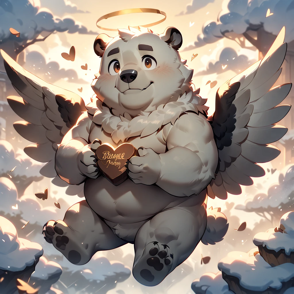 masterpiece, best quality, very aesthetic, absurdres, chibi, BREAK noise reduction, BREAK [face:full body:10], from above, cupid, plump middle-aged polar bear man, fluffy body, tail, angel wings, brown eyes, beautiful beard, male face, big face, square jawline, male eyes, sharp eyes, big eyes, male eyebrows, innocent look, BREAK happy, light smile, nude, hold with both hands heart chocolate, flying, cute pose, BREAK [simple background::12], morning, france, outdoor,