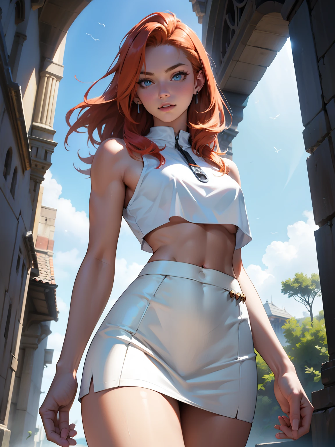 1girl, solo, 20 yo, red_hair, (smile:1.3), blush:1.2, glossy skin, from below, (a girl wearing a white union suit:1.3),
tall, Clavicle, large breast, nipple, navel, Pubic bone:1.2, :1.2, cameltoe, 21st century European city, sunset,
Standing on the roof of a cathedral, lens flare, cinematic_light, (outside black border:1.3), high detailed backgrounds,
(masterpiece, best quality, excellent quality:1.3),