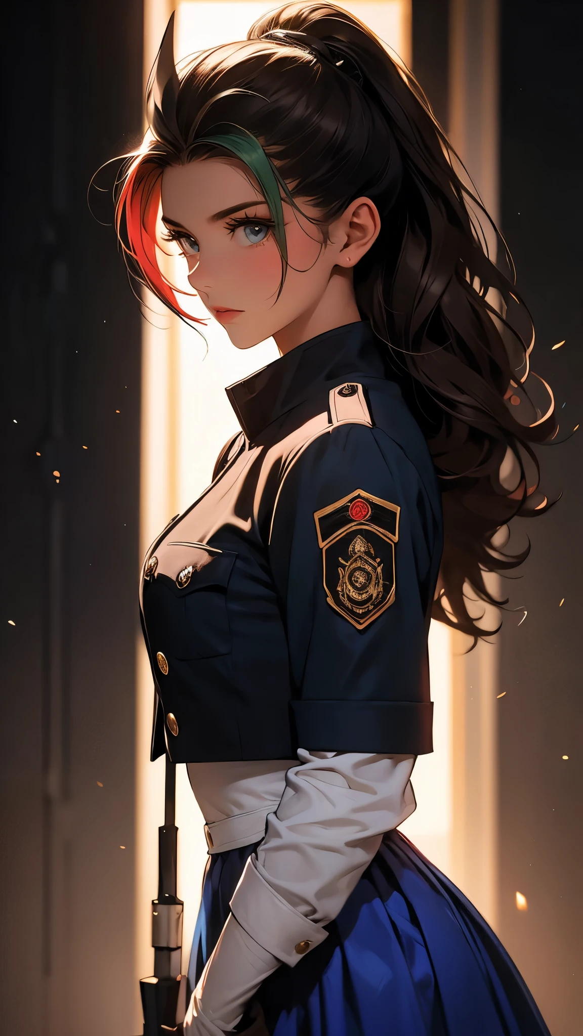 envision a 8k, highres, cinematic, beautiful full body of a sexy lady with a slender body, strong face, strong mature older face, (((long brown hair))), multicolored, side locks, long bangs, blue eyes, Nimona, ((dark skin)),  military Lolita dress, military uniform, gloves, cropped jacket, ((((1girl)))), in dark lighting, against a dark gray background