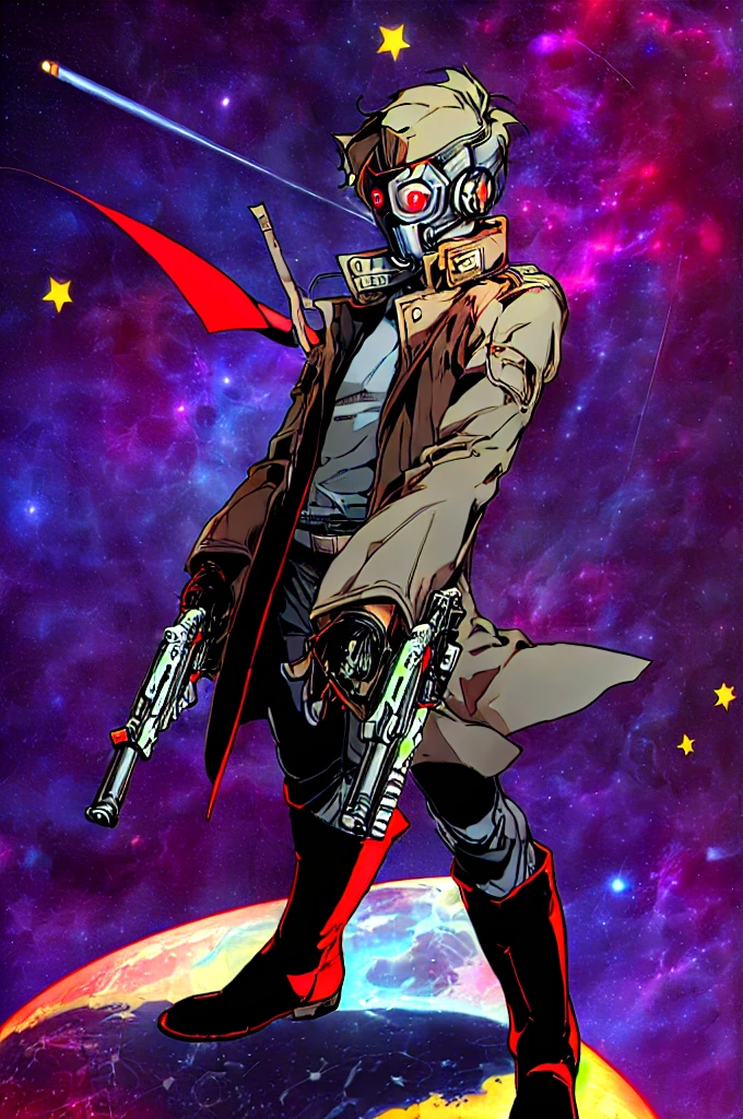 Star_Lord, solo, red eyes, gloves, 1boy, weapon, male focus, boots, coat, gun, mask, glowing, star (sky), holding gun, handgun, science fiction, space, planet, trench coat, energy gun, Touching Dj, Dj music