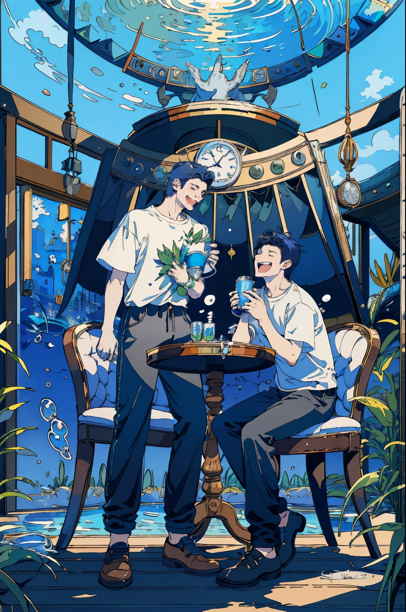 (masterpiece:1.2), best quality,PIXIV,
fairy tale style, multiple men, 2 man, clock, short sleeves, sitting, closed eyes, chair, plant, cup, shoes, table, shirt, open mouth, water, fish, signature, bubble, pants, wide shot, leaf, white shirt, smile