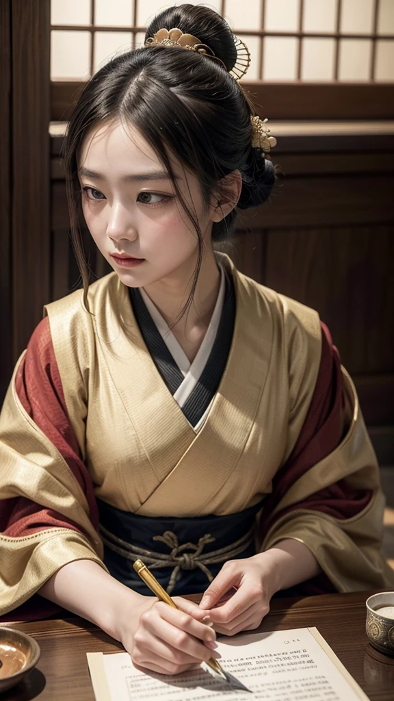 ((Best quality, 8K, Masterpiece :1.3)), Sharp focus :1.2,Little girl in a monk's robe，Light orange and dark brown tones，original style，high saturated，solid color backdrop