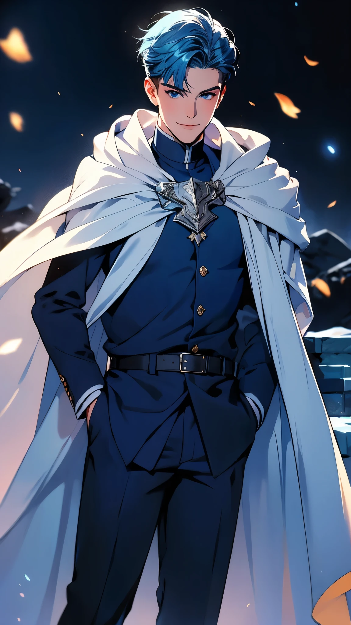 envision a 8k, highres, cinematic, detailed, semi realistic full body pinup of a sharp boy, blue hair, blue eyes, wide confident smile, Ice armor, shoulder cape, flowy cape, Ice, (((1boy))), in dark lighting, against a dark background