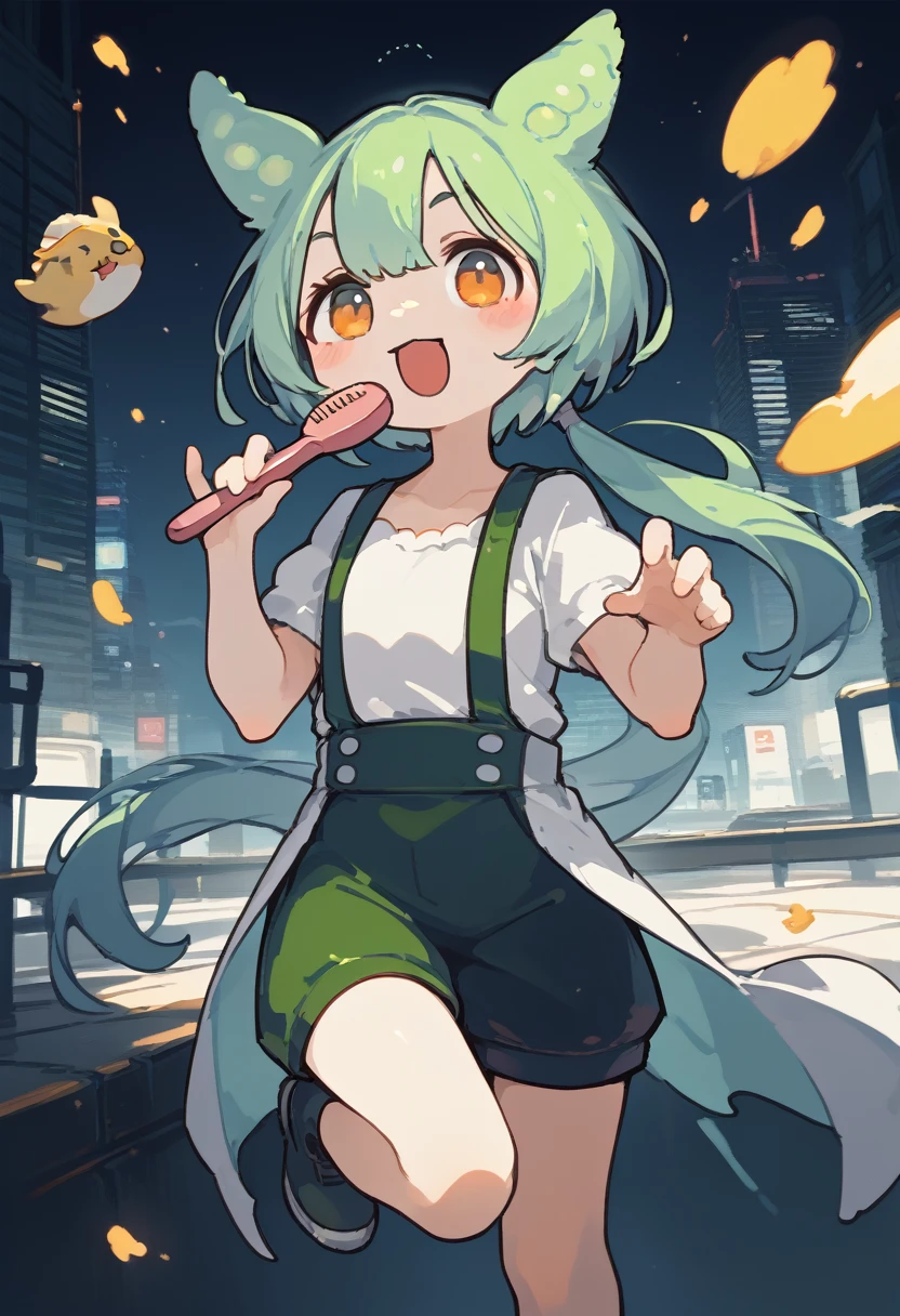 Zundamo,Voice Box,Girl with green hair, Brush Sticker, Animal ears, Long Hair, Low Ponytail, Hair Ears,White shirt, Short sleeve, suspender Shorts,Shorts, Puff sleeves,Cyberpunk city of the future, Dark sky background, Face close-up,smile , Front view, High Angle, Open the mouse,High Contrast,smiley,laughing,