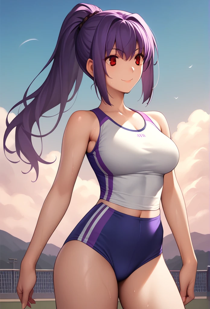 Score_9, Score_8_up, Score_7_up, source_anime, One girl,Red eyes,smile, ponytail,Purple Hair, Hirokazu Koyama ,The background is the moon,Cowboy Shot, Wearing tight fitting white sportswear,Sweaty,sexy,Spread your arms,