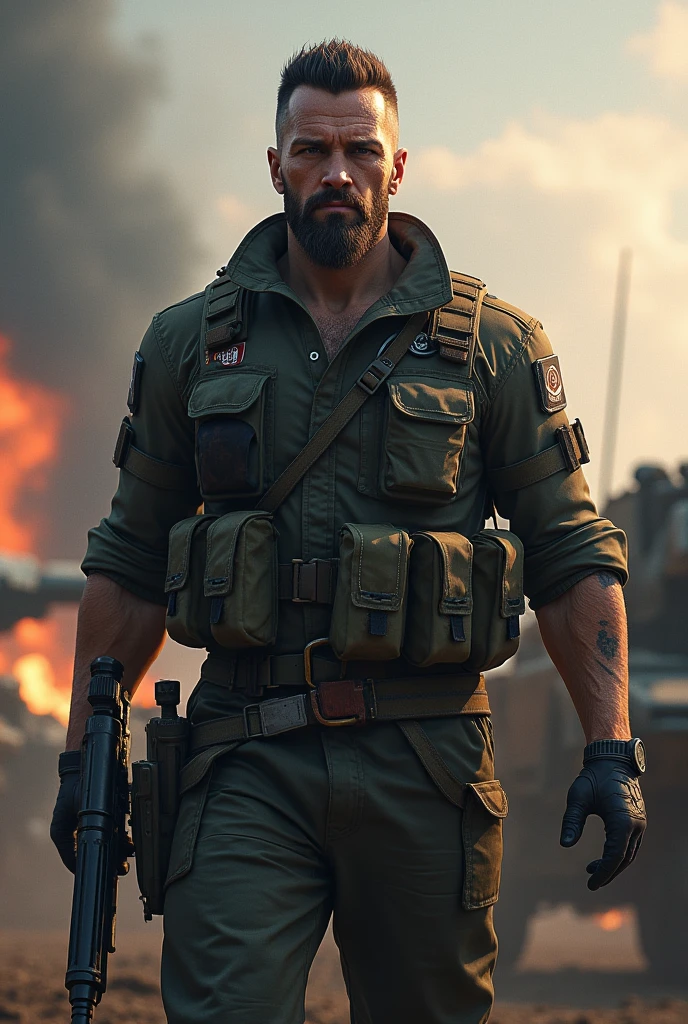 military man with high resolution with a war background and smoke that exalts its strength and intimacy