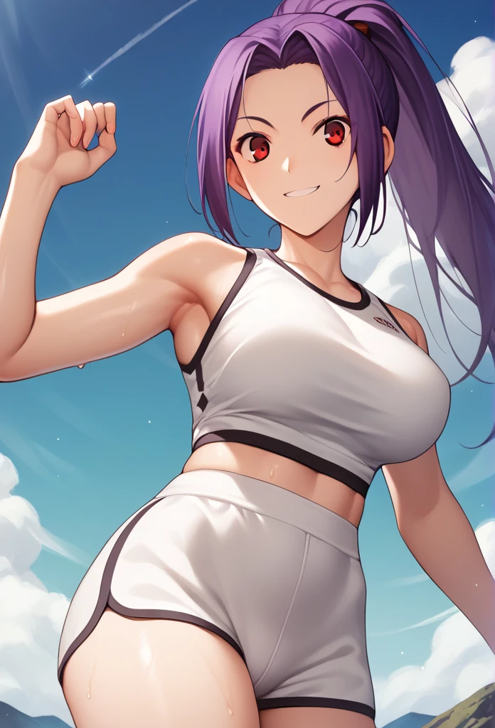 Score_9, Score_8_up, Score_7_up, source_anime, One girl,Red eyes,smile, ponytail,Purple Hair, Hirokazu Koyama ,The background is the night sky,Cowboy Shot, Wearing tight fitting white sportswear,Sweaty,sexy,Spread your arms,Pixel Perfect,