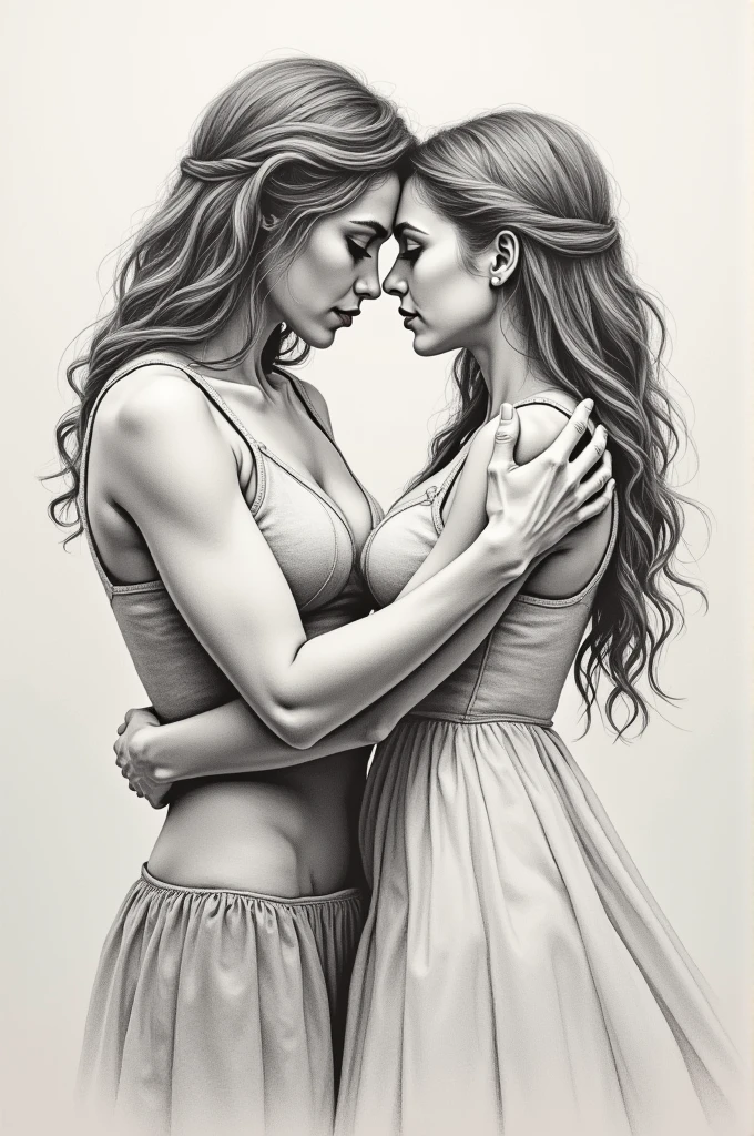 kissing lesbian, girls, line drawing, dim light, leather, half naked, charcoal, pencil. drawing, underground paper, kissing men. trio, female-female, realistic charcoal drawing