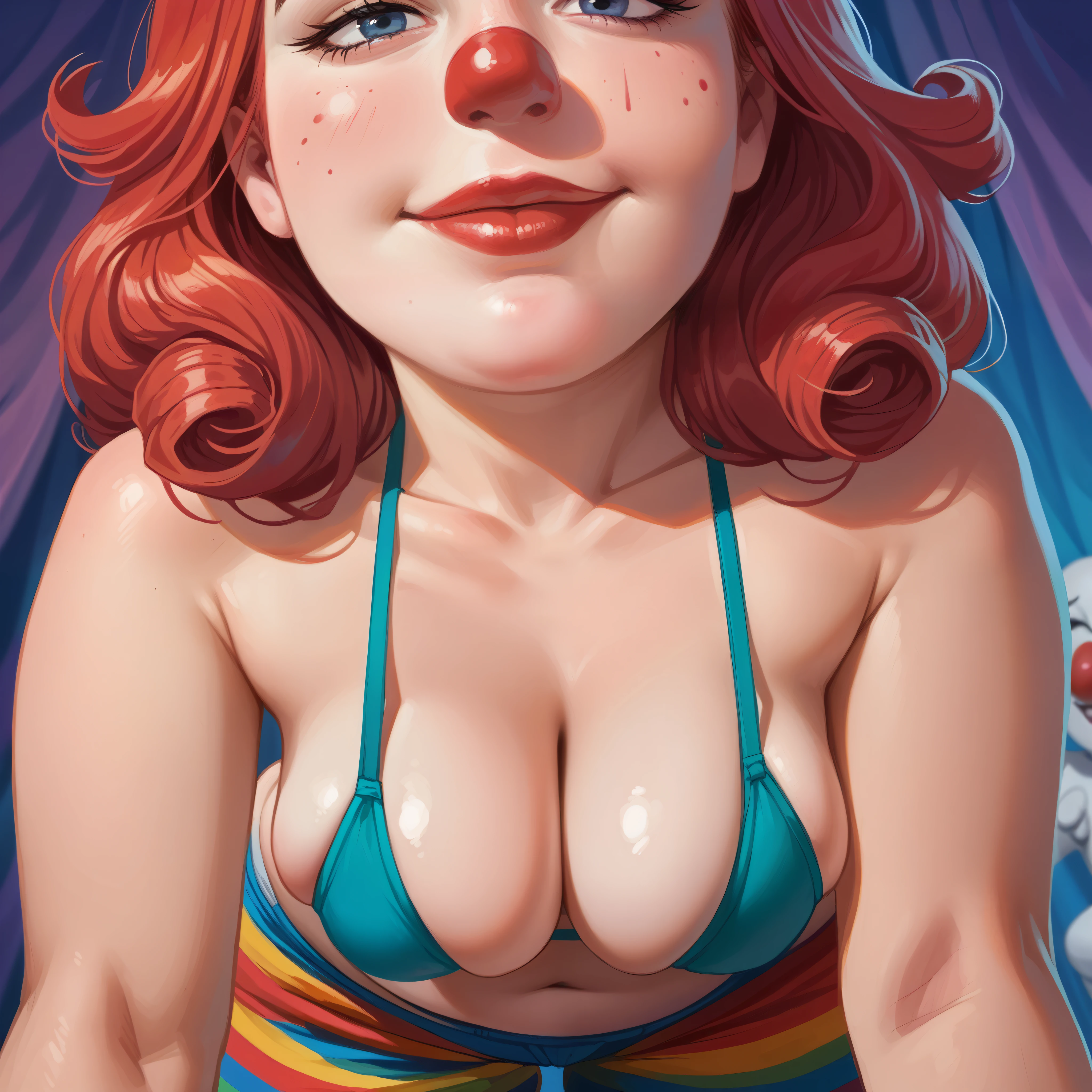 One fat woman (human woman), clown make up, bikini top, colorful clown pants, white make up and red nose, curly colorful hair,, stretched clothing, close up, good anatomy, ,, (deep skin), ((skindentation)), , ((hanging breasts)), , NSFW, (double chin) (smug) , leaning forward, undersided top, in a circus tent, (circus background)