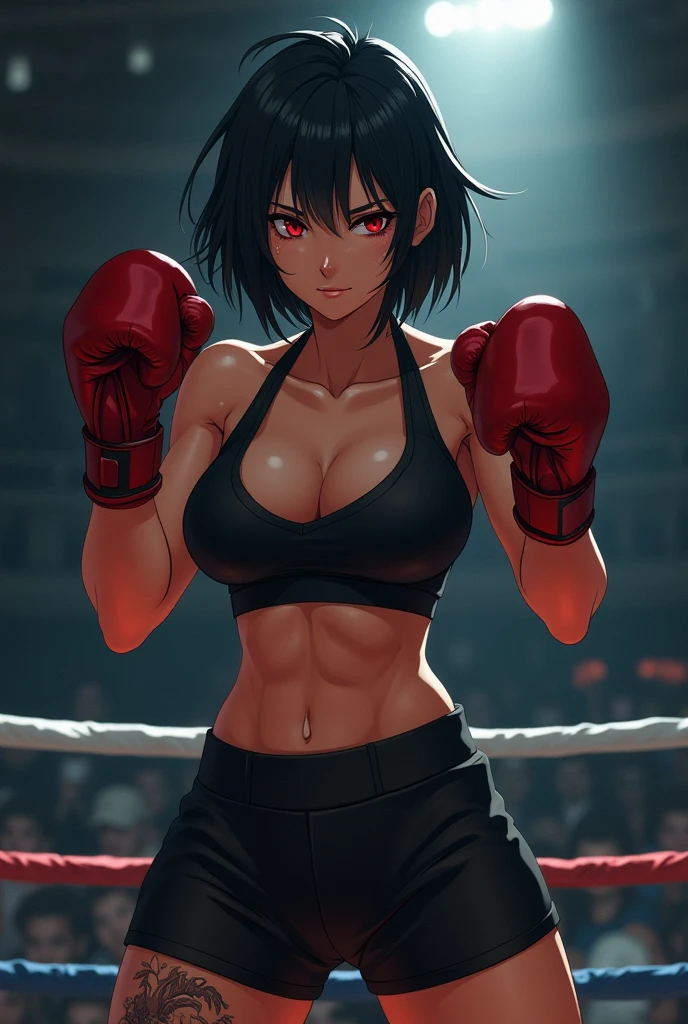 (((The upper body is not wearing anything:1.3, The red towel hanging from her neck covers her nipples:1.4))), Japanese Female professional wrestler, Medium Bob Hair, super cute, very beautiful face, Beautiful athlete's body, White skin, (((Wearing old-style black wrestler pants on the lower body, Wrestler tights))), Vigorously Highly Raise own Right fist, (((Flying Tape))), Sweat Splash, Put one foot on the ring rope, (In the spotlight, light from above), Realistic, Pro wrestling venue, ((masterpiece, best quality, high resolution))