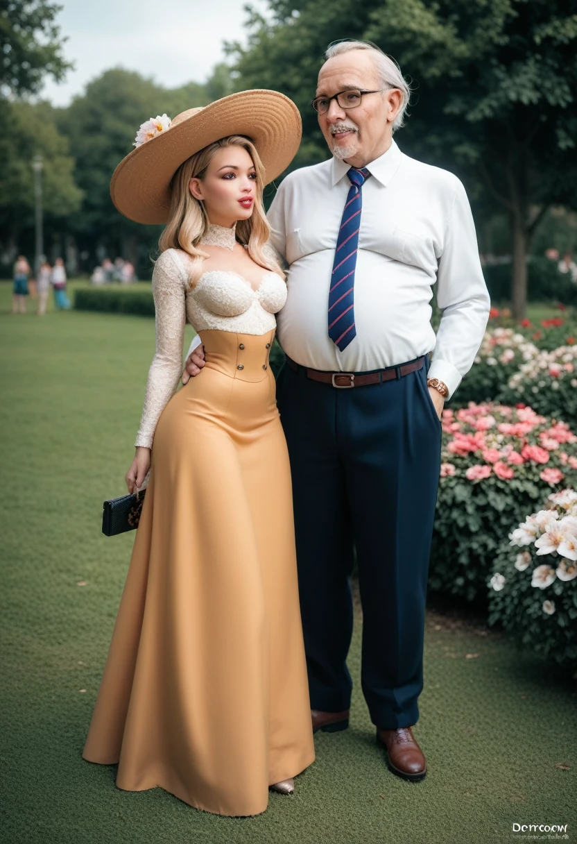 A gorgeous well-endowed **yo blonde Gibson Girl bimbo (((fondled by a large horny 69yo gentleman))) in a park. Year 1902. (((1900_dr3ss))). Short girl with an hourglass figure wearing an elegant Edwardian outfit consisting of a high-collar long sleeve shirtwaist, long skirt, boots and a wide-brimmed hat topped with flowers, large tits, wasp waist, massive ass. Man wearing a three-piece suit. (((Young girl and old man. Man taller than girl)))