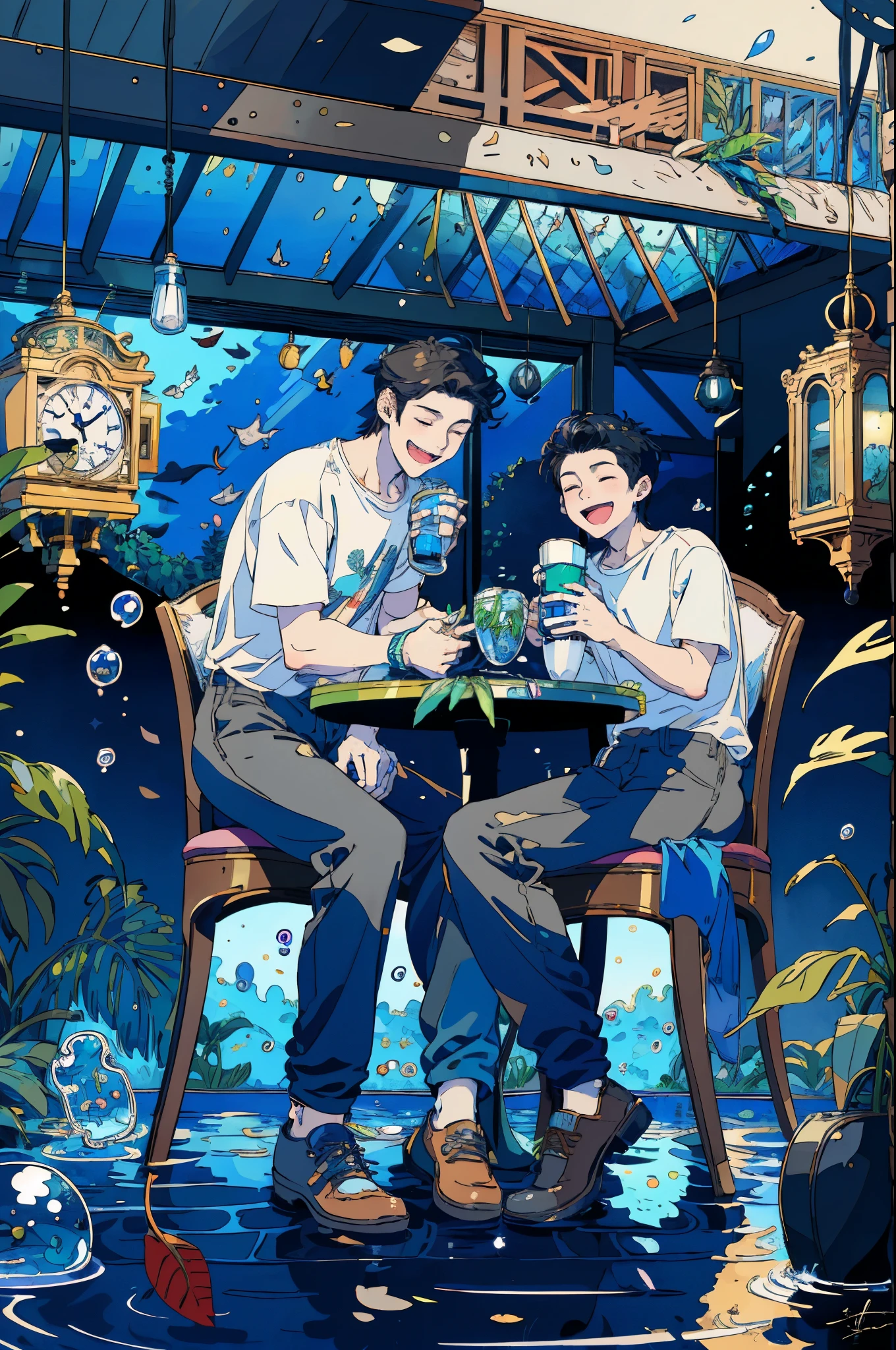 (masterpiece:1.2), best quality,PIXIV, 
fairy tale style, multiple men, 2 man, clock, short sleeves, sitting, closed eyes, chair, plant, cup, shoes, table, shirt, open mouth, water, fish, signature, bubble, pants, wide shot, leaf, white shirt, smile
 