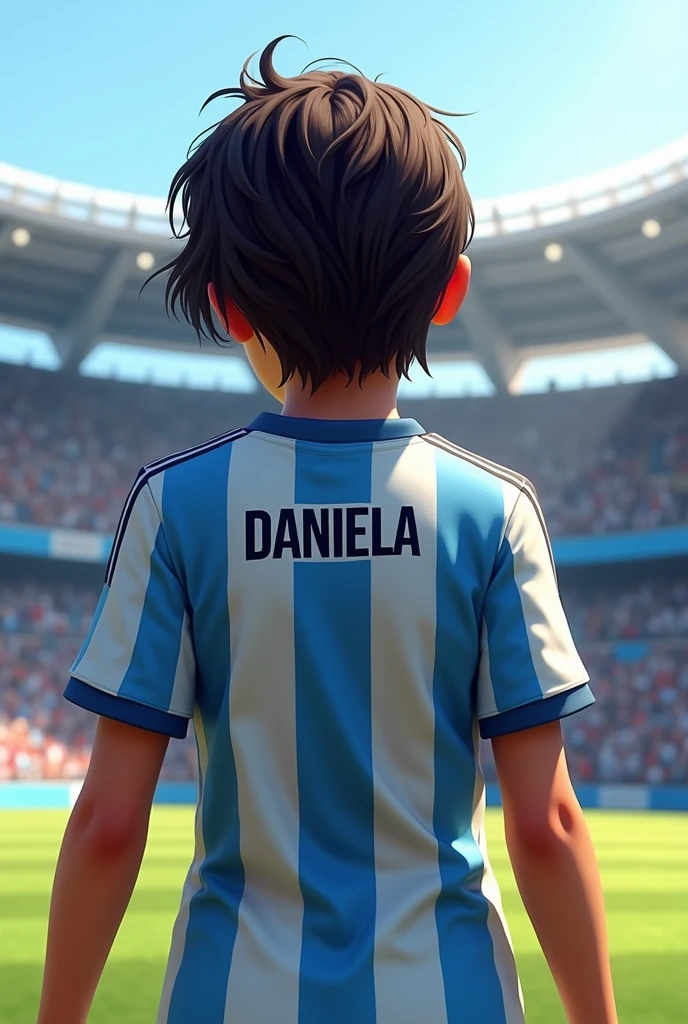 A 1 boy in argentina football jersey looking back and jersey number 10 name mahir and dressed white boy standing in the gallery inside the stadiu